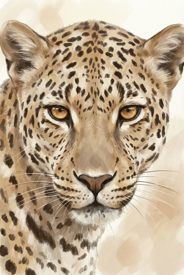 Detailed watercolor close-up portrait of a leopard with golden eyes, set against a light cream background in a realistic wildlife style.


