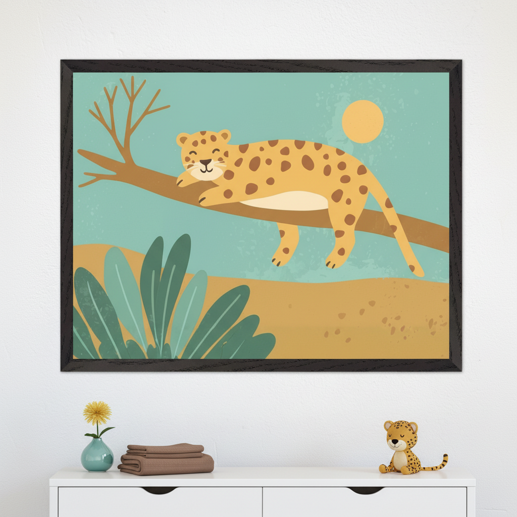 Modern child's room with a white dresser. Above it, a framed cartoon-style print shows a sleeping leopard on a tree branch against a blue sky. On the dresser are a flower in a vase, brown towels, and a leopard plush toy.