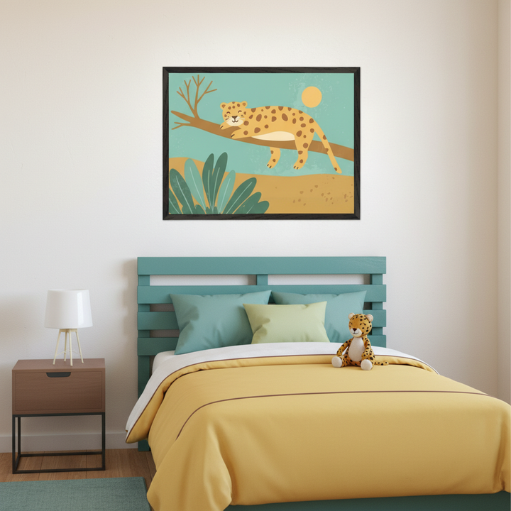 Kid's bedroom with a teal bed, yellow bedding, and a stuffed leopard. A brown nightstand with a lamp is on the left. Centered above the bed, framed art depicts a smiling leopard sleeping on a tree branch under a yellow sun.