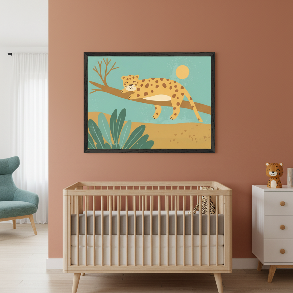 Modern nursery with a light wood crib and white dresser. A large framed illustration of a sleeping leopard on a branch with a sun and bushes hangs above the crib on a terracotta wall. A blue armchair is in the background.