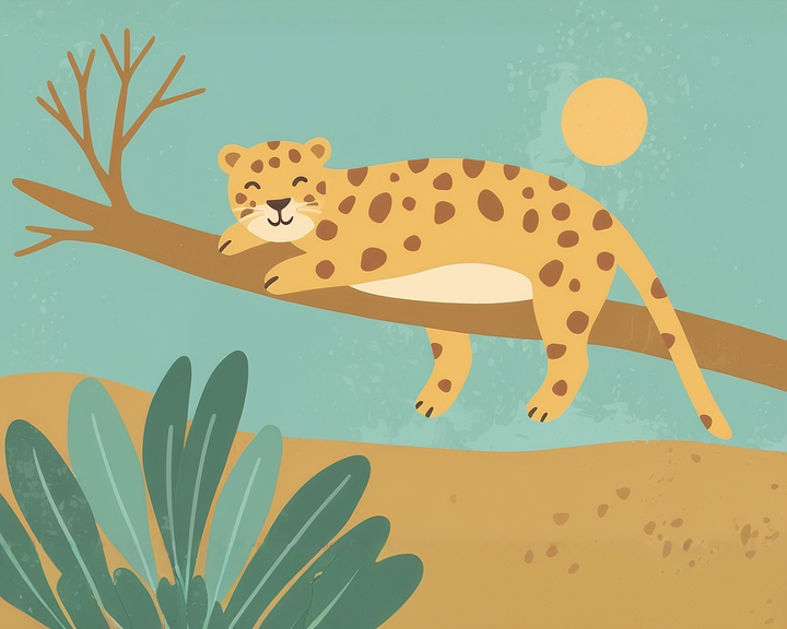 A cute cartoon leopard with spots is peacefully sleeping on a tree branch under a bright sun, set against a sandy landscape with green foliage in the foreground.