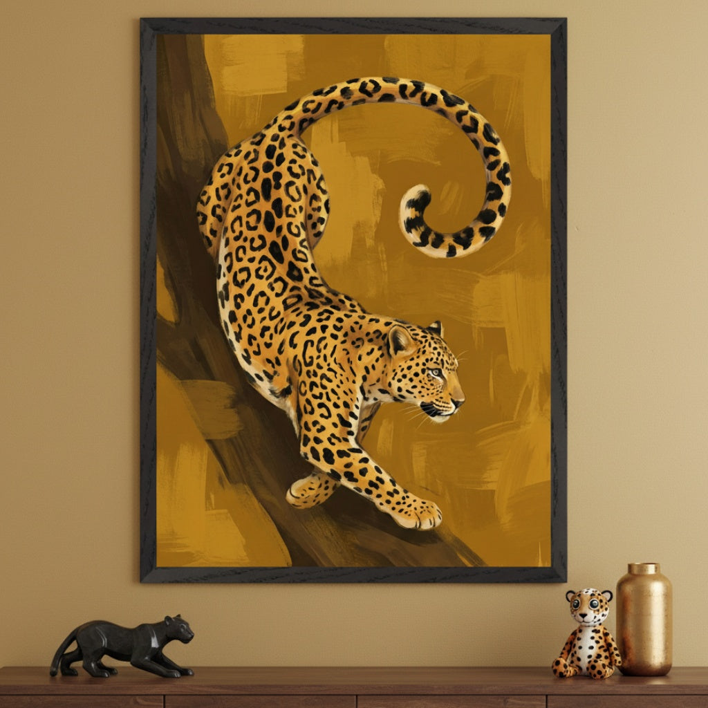 Modern room with a dark wood dresser. A large black-framed painting of a realistic leopard descending a tree branch, set against an abstract mustard yellow background, hangs above it. A black panther figurine, gold vase, and plush leopard toy are on the dresser.