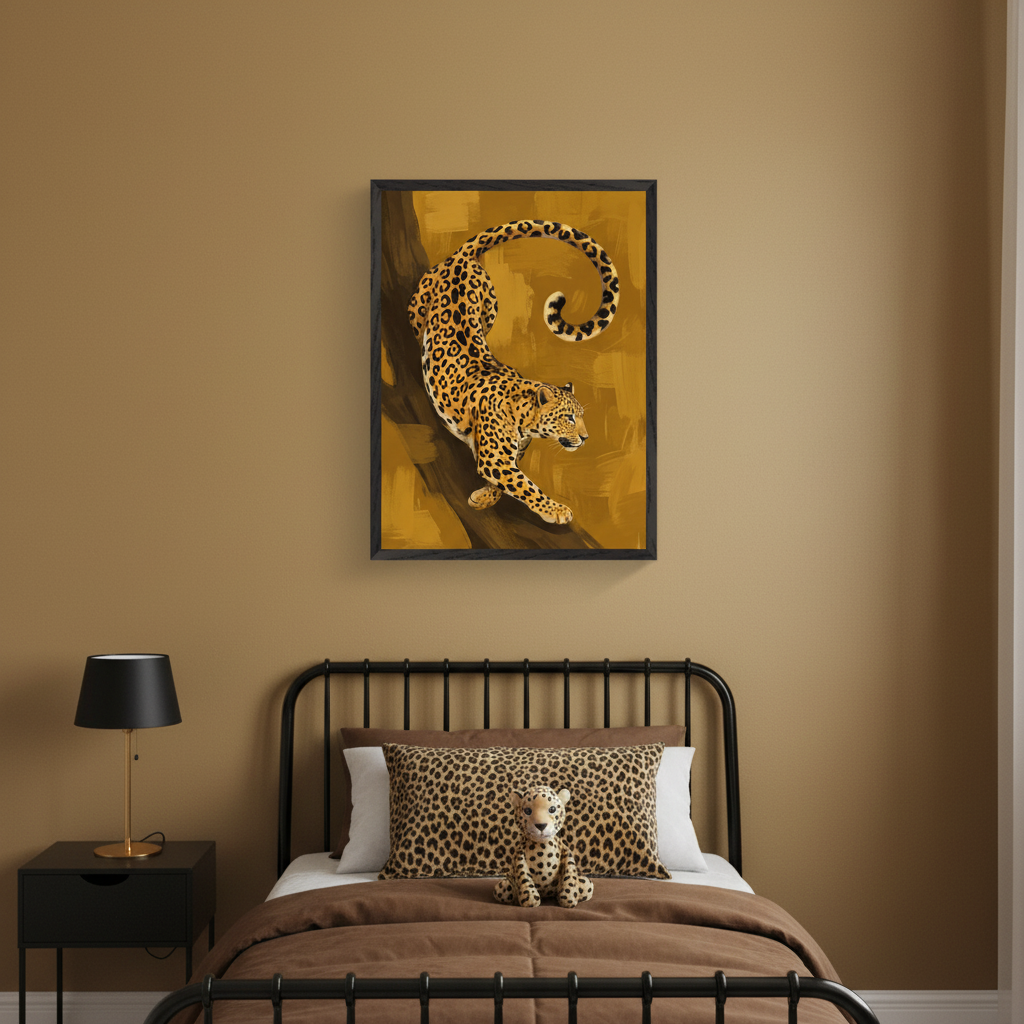 Kid's bedroom with a black metal bed, brown bedding, and a leopard print pillow with a matching plushie. A black nightstand with a lamp is left of the bed. A framed painting of a leopard on a tree branch, in a dynamic painterly style on a warm yellow background, hangs above the bed.