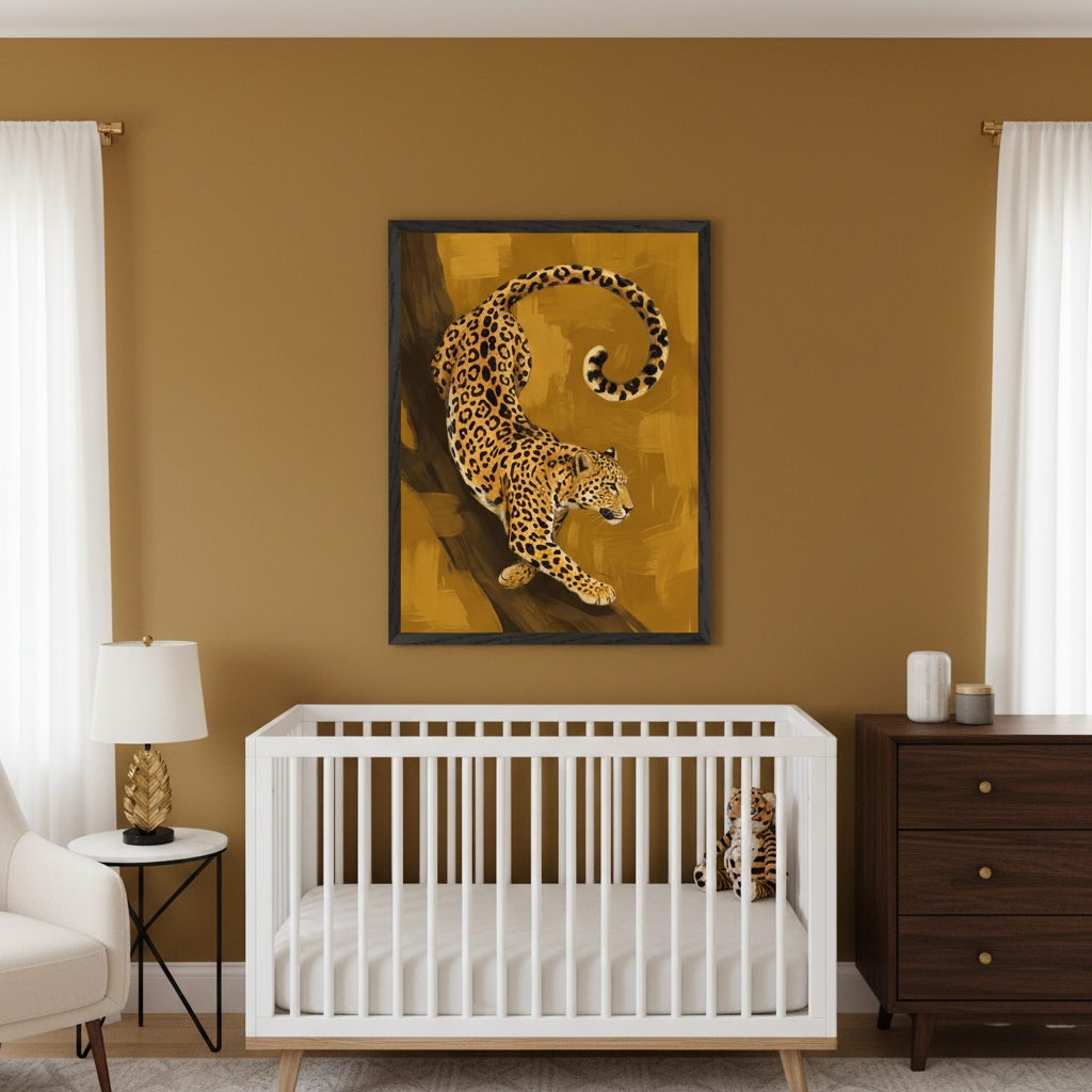 Modern nursery with white crib, dark wood dresser, and white armchair. A large framed art print of a leopard climbing a tree on a golden brushstroke background hangs centered above the crib.