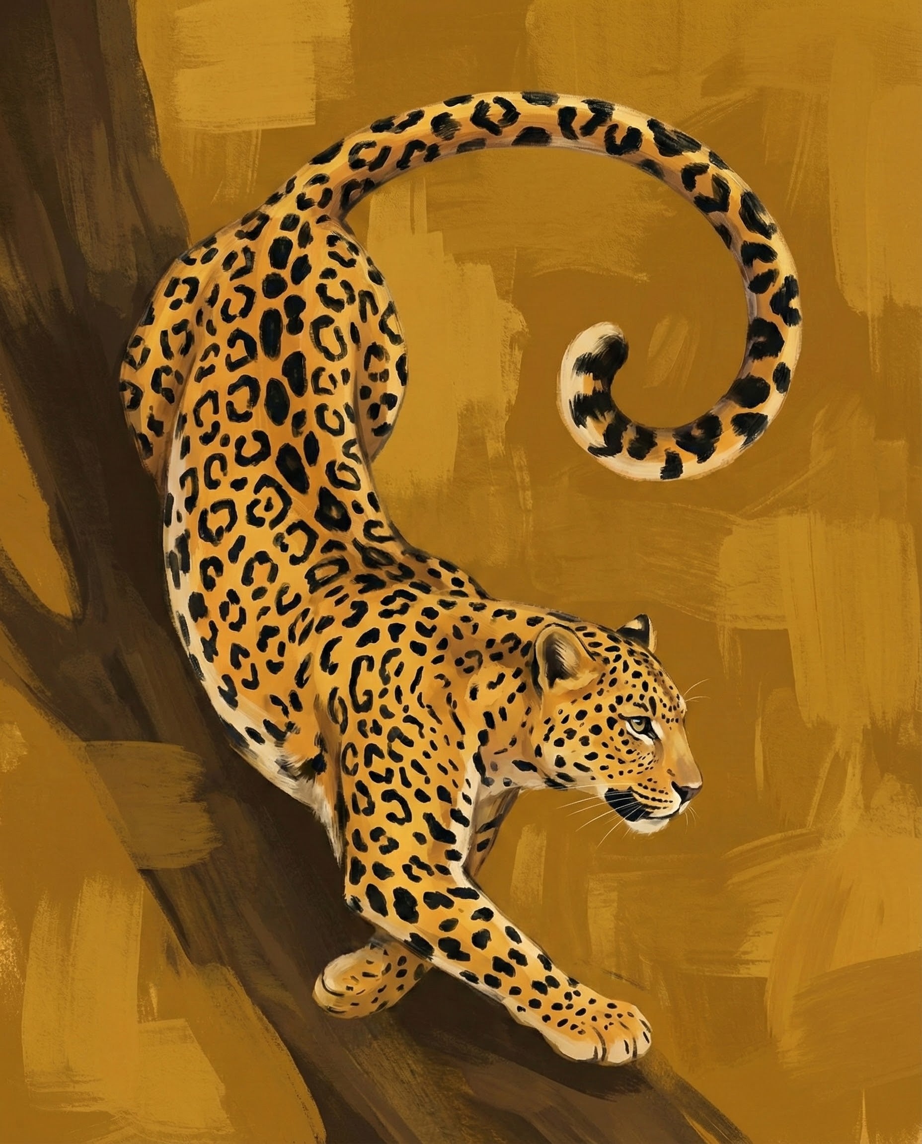 A dynamic painting of a cheetah mid-leap with its tail curled, captured against a rich orange backdrop with soft brush strokes. The pose emphasizes speed, agility, and fluid motion.
