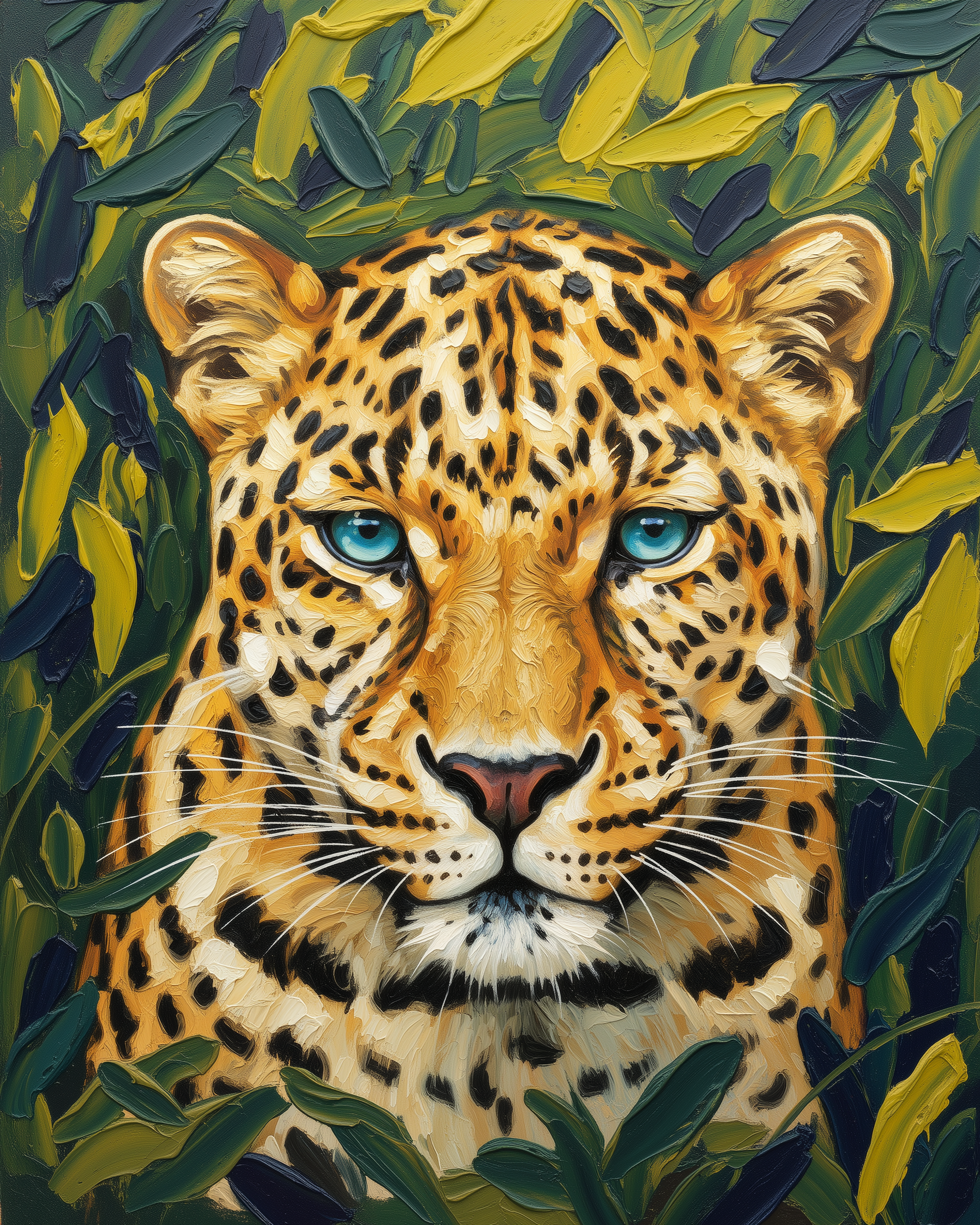 A striking painting of a leopard with piercing blue eyes staring directly at the viewer, surrounded by lush, stylized green and yellow foliage.