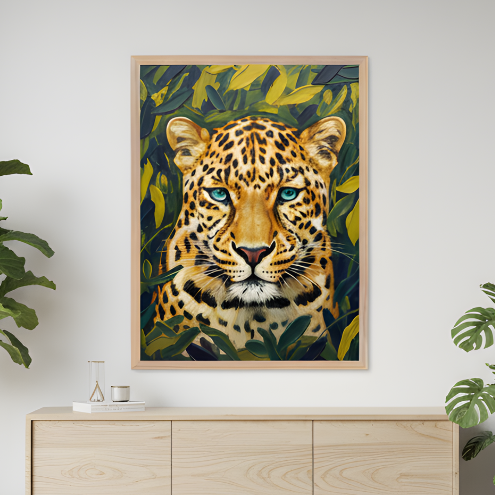 Framed artwork of a leopard with piercing blue eyes, surrounded by lush green and yellow foliage, hangs on a white wall above a minimalist wooden sideboard. The vivid colors and lifelike detail of the leopard contrast with the clean, modern decor and nearby leafy plants.