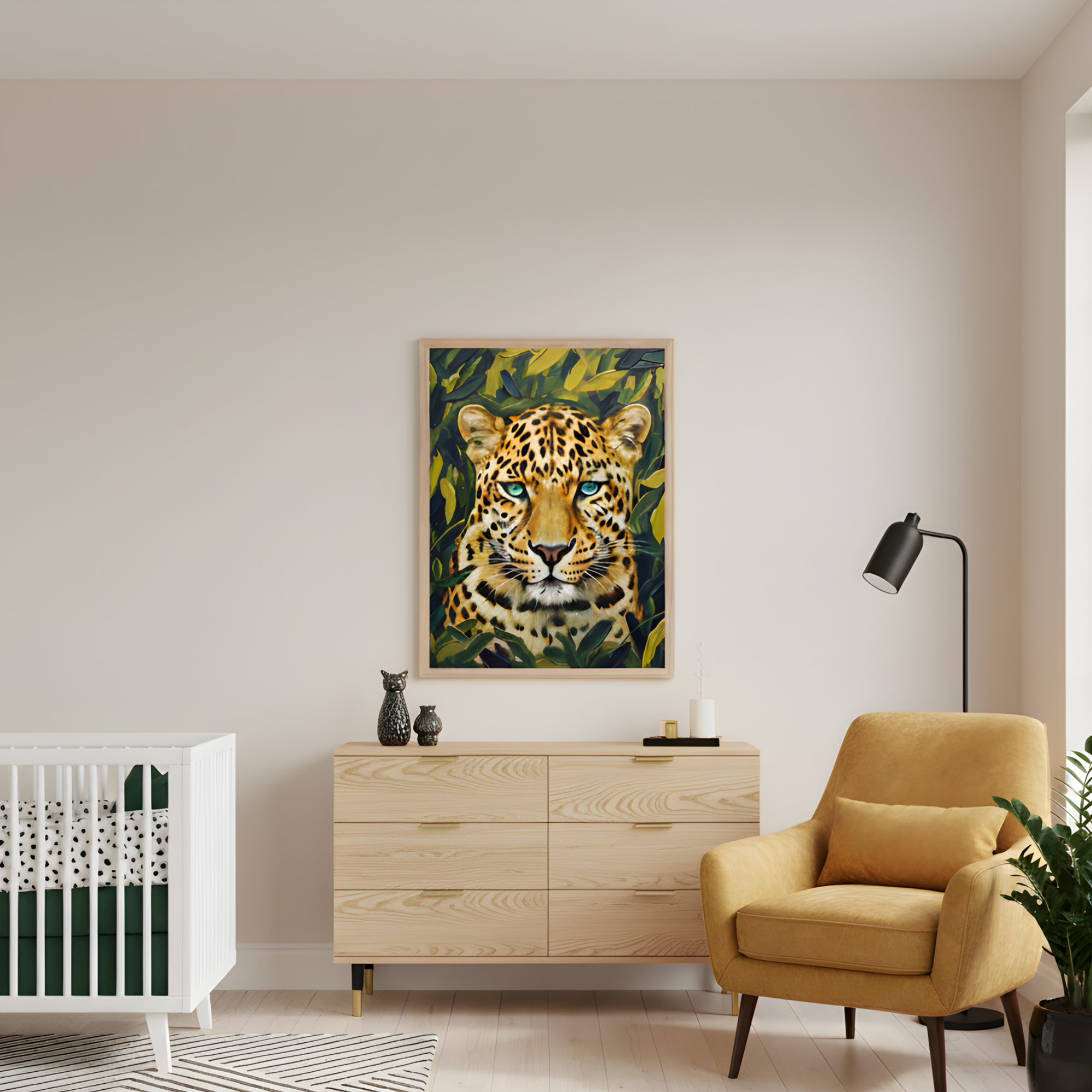 Cozy nursery or reading nook featuring a large framed leopard portrait with vivid blue eyes and lush jungle foliage, centered above a light wood dresser. The space includes a white crib, mustard-yellow armchair, and modern black floor lamp, creating a warm, stylish atmosphere.