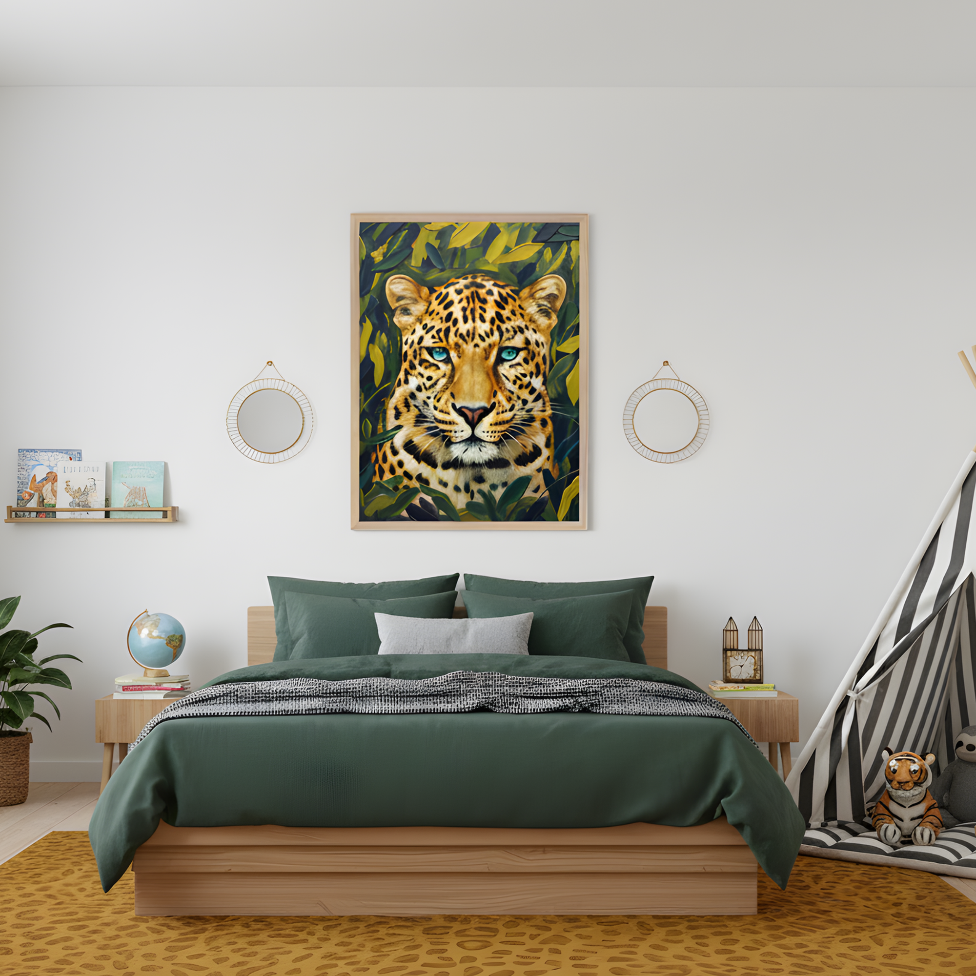 Bright, modern bedroom with a jungle theme, featuring a large framed leopard portrait above a wooden bed dressed in forest green bedding. The room includes playful details like a striped teepee with stuffed animals, a leopard-print rug, and a wall shelf with children's books and a globe, creating a cozy and imaginative space.