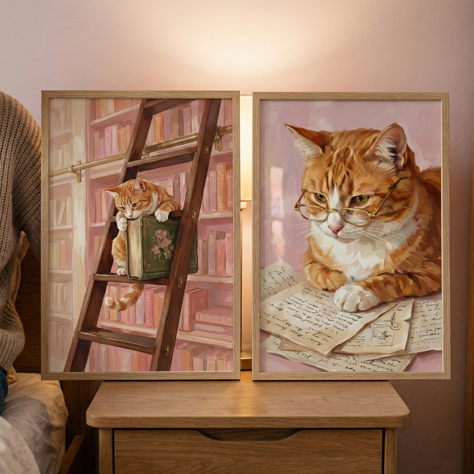 Two framed art pieces are displayed on a wooden nightstand. On the left, an orange tabby cat sits on a wooden library ladder, clutching a green book with a floral design. Shelves of pink and tan books fill the background. On the right, a scholarly orange tabby cat wearing wire-rimmed spectacles gazes down at old, handwritten letters on a soft pink backdrop. The scene is illuminated by the warm glow of a lamp behind the frames.