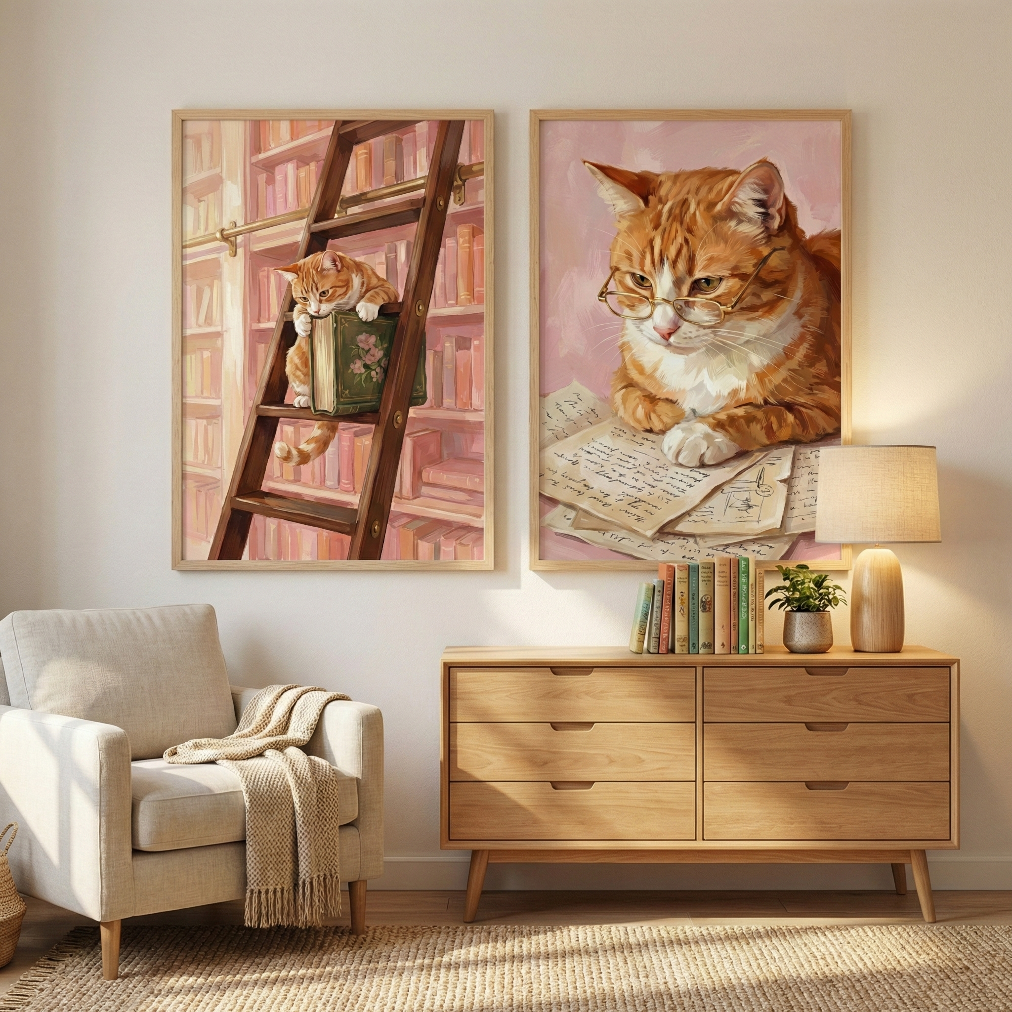 Librarian Ginger Cat Wall Art Set of 2 - The Feline Librarian