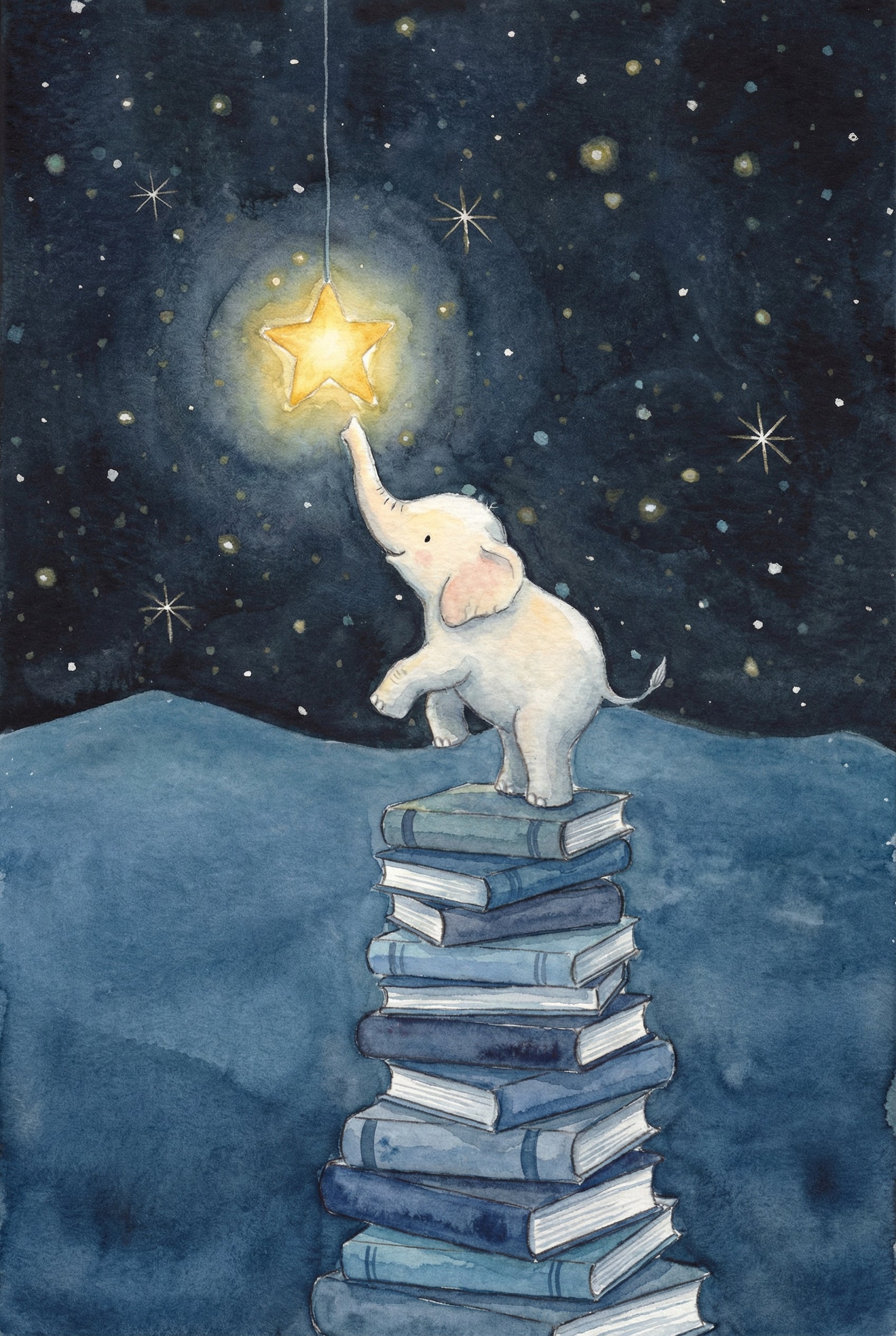 Whimsical Library Baby Elephant Wall Art - Reaching For Stars