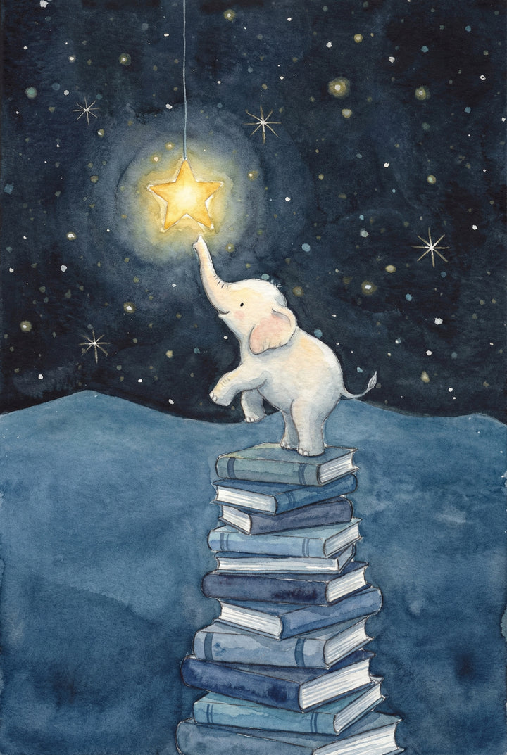 Whimsical wall art print of a tiny pale elephant balancing on a tall stack of blue books and stretching its trunk toward a glowing hanging star. A deep navy sky filled with scattered stars and soft light gives the scene a dreamy bedtime story feel.
