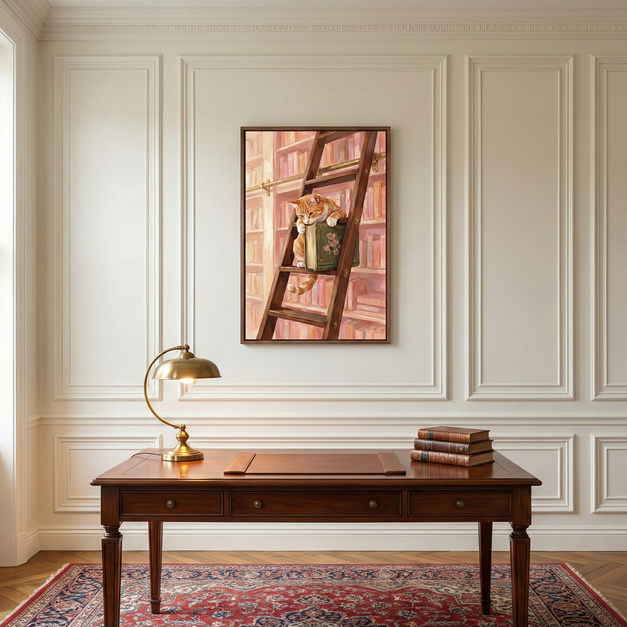 A vertical image shows an elegant study room with cream-colored paneled walls. Centered on the wall is a framed piece of art depicting a ginger cat on a wooden library ladder, hugging a large green book. Below the art, a polished dark wood desk sits on a decorative red and blue rug. The desk features a brass lamp with a curved neck on the left, a brown leather writing pad in the center, and a stack of three antique-style books on the right. 