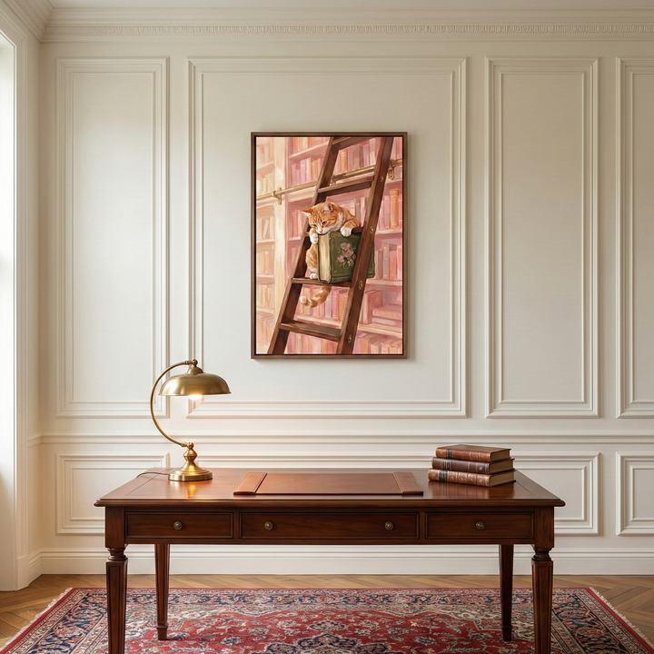 A vertical image shows an elegant study room with cream-colored paneled walls. Centered on the wall is a framed piece of art depicting a ginger cat on a wooden library ladder, hugging a large green book. Below the art, a polished dark wood desk sits on a decorative red and blue rug. The desk features a brass lamp with a curved neck on the left, a brown leather writing pad in the center, and a stack of three antique-style books on the right. 