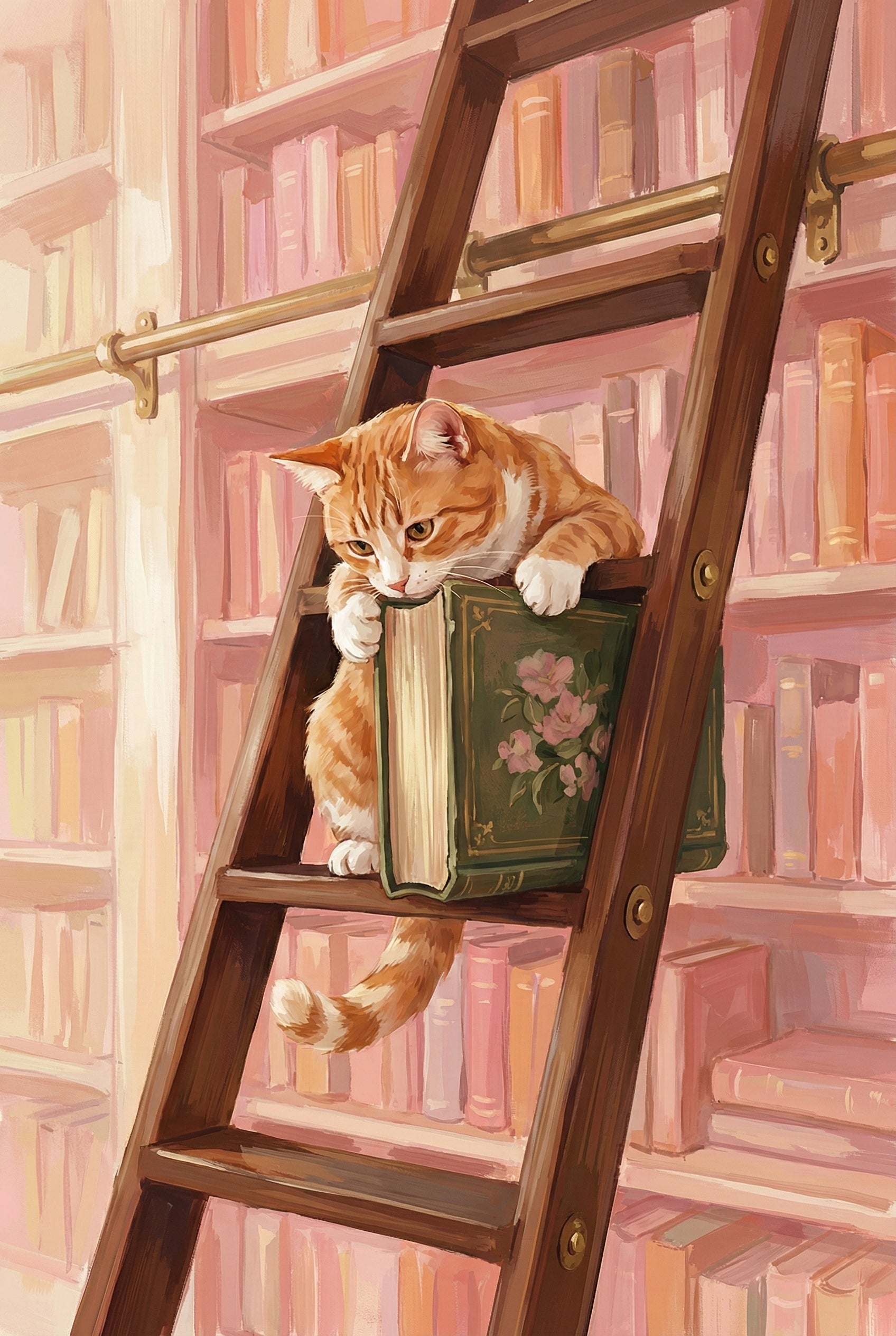 An orange tabby cat climbs a wooden ladder in a pink toned library while gripping a large green book with floral detailing. Tall bookshelves filled with neatly arranged books frame the whimsical reading scene.
