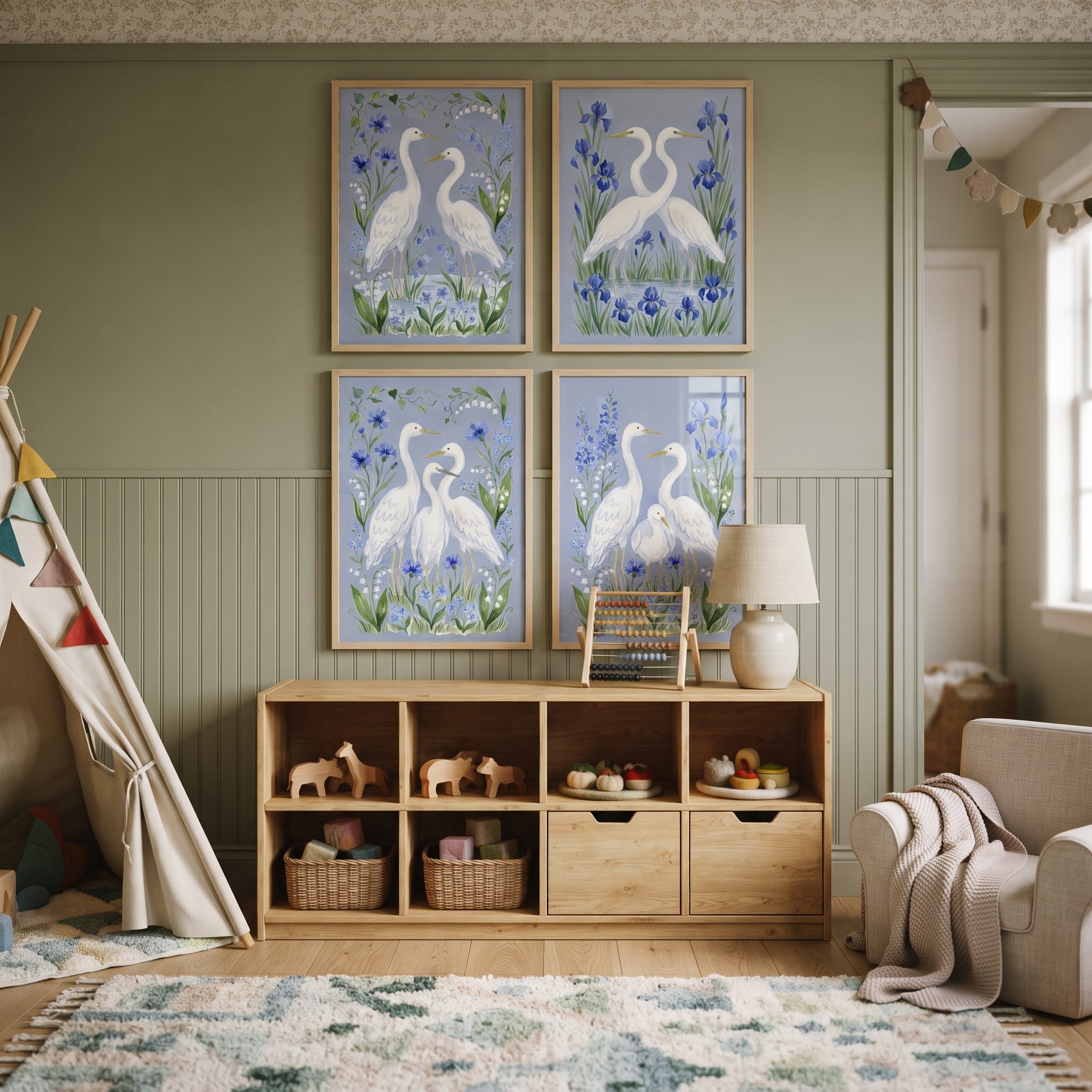Light Blue Garden Egret Bird Wall Art Set of 4 - Azure Heron Serenity