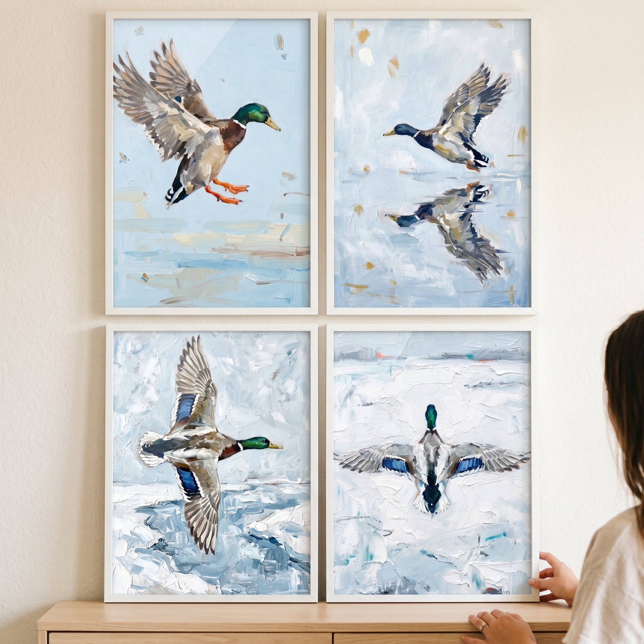 Light Blue Landing Mallard Wall Art Set of 4 - Mallard Wing Study