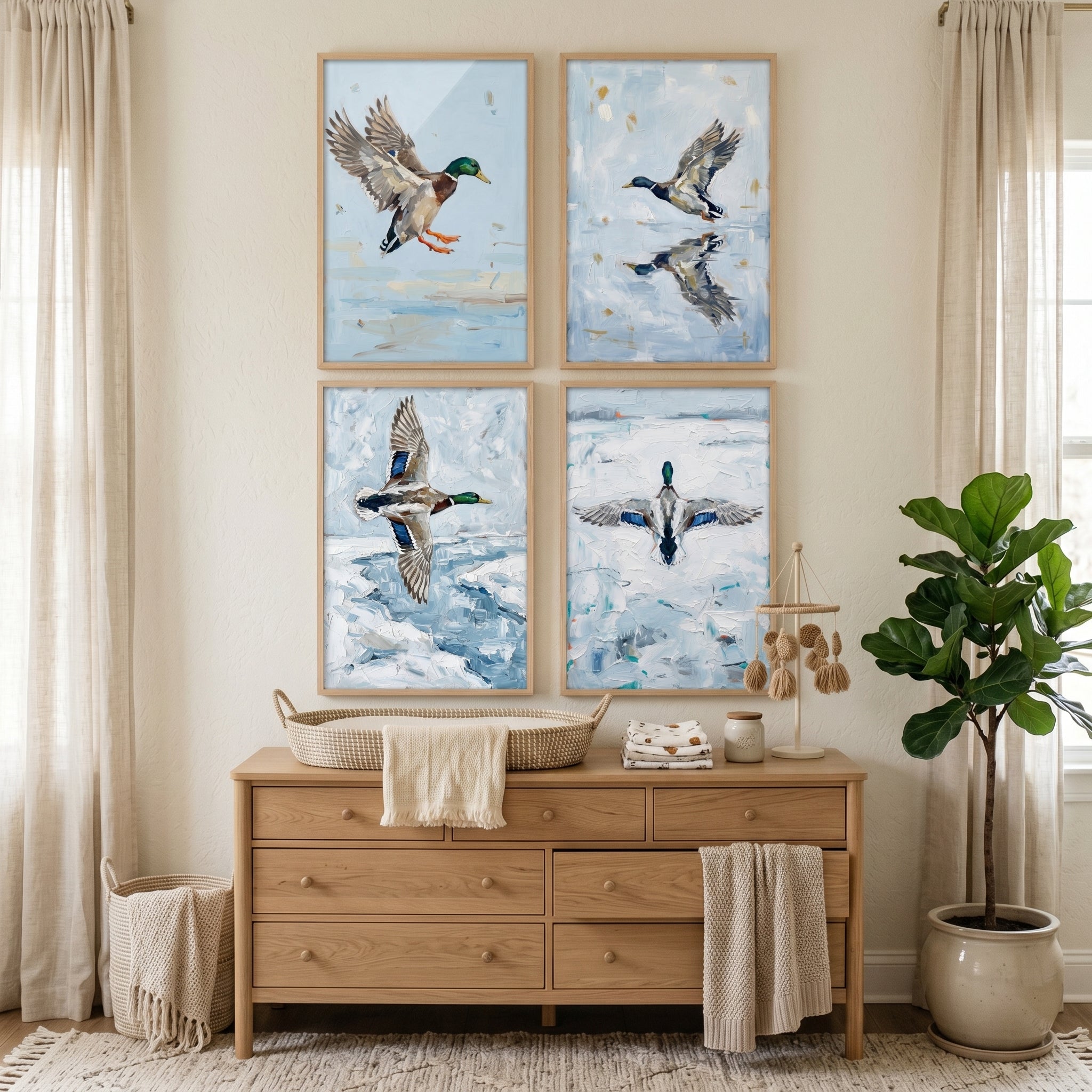 Light Blue Landing Mallard Wall Art Set of 4 - Mallard Wing Study