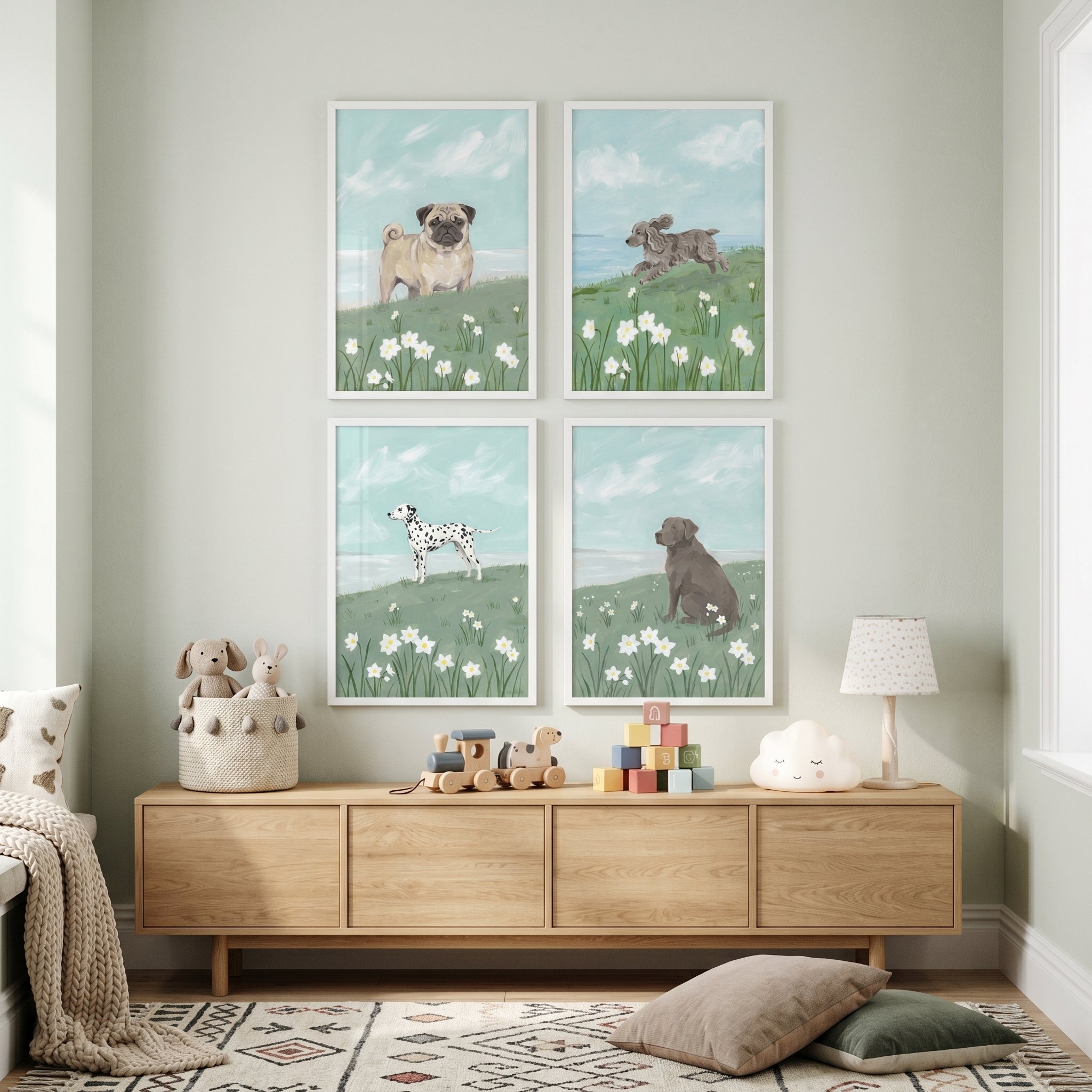 Light Blue Sky Dog Wall Art Set of 4 - Meadow Flower Pups