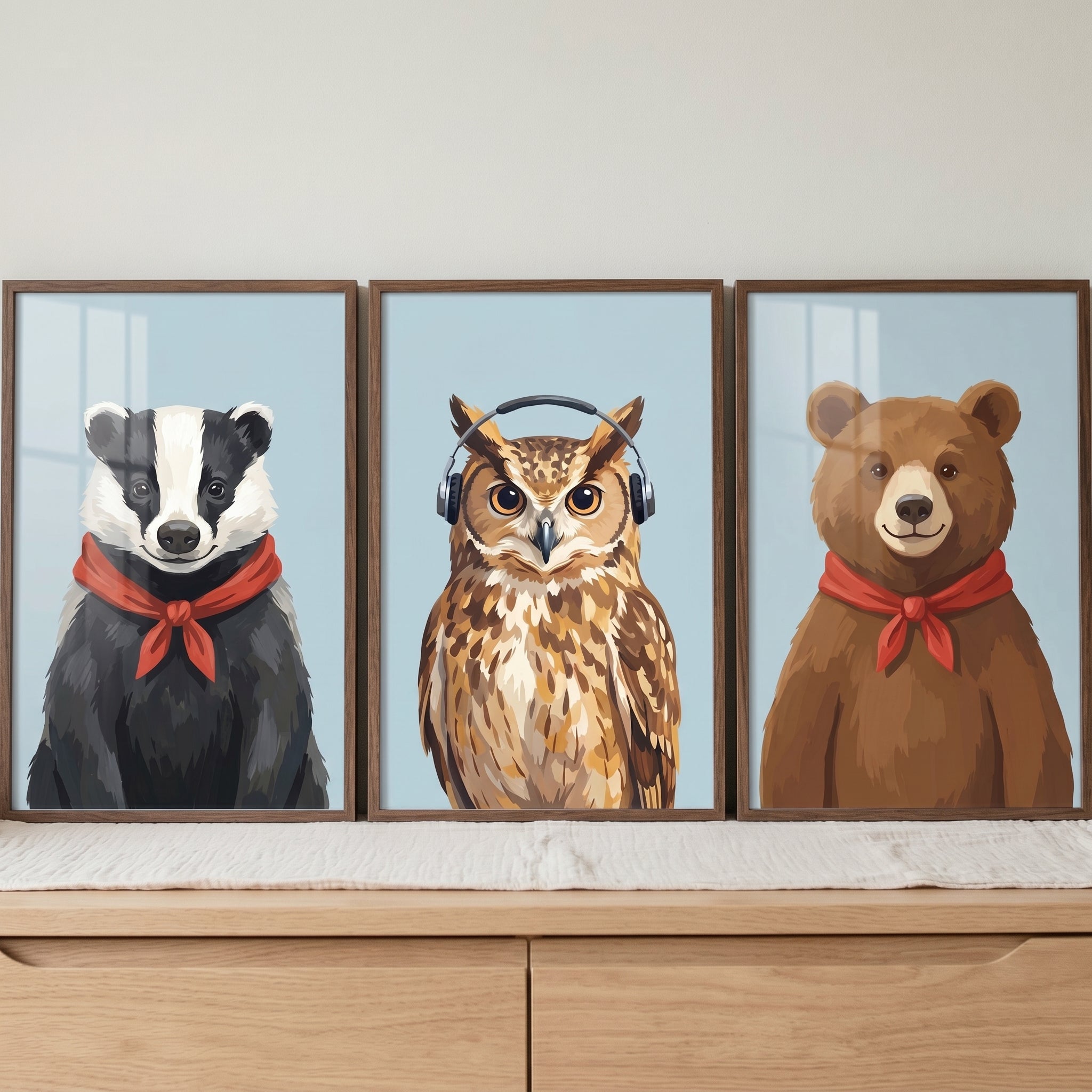 Light Blue Woodland Animal Wall Art Set of 3 - Woodland Buddy Trio