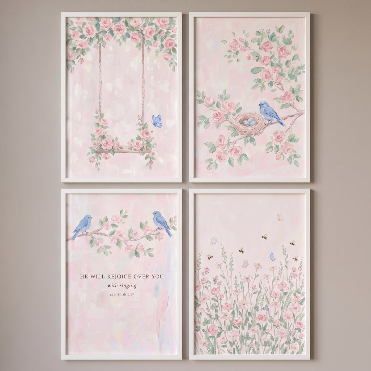 Light Blush Garden Wall Art Set of 4 - Sacred Spring Blooms