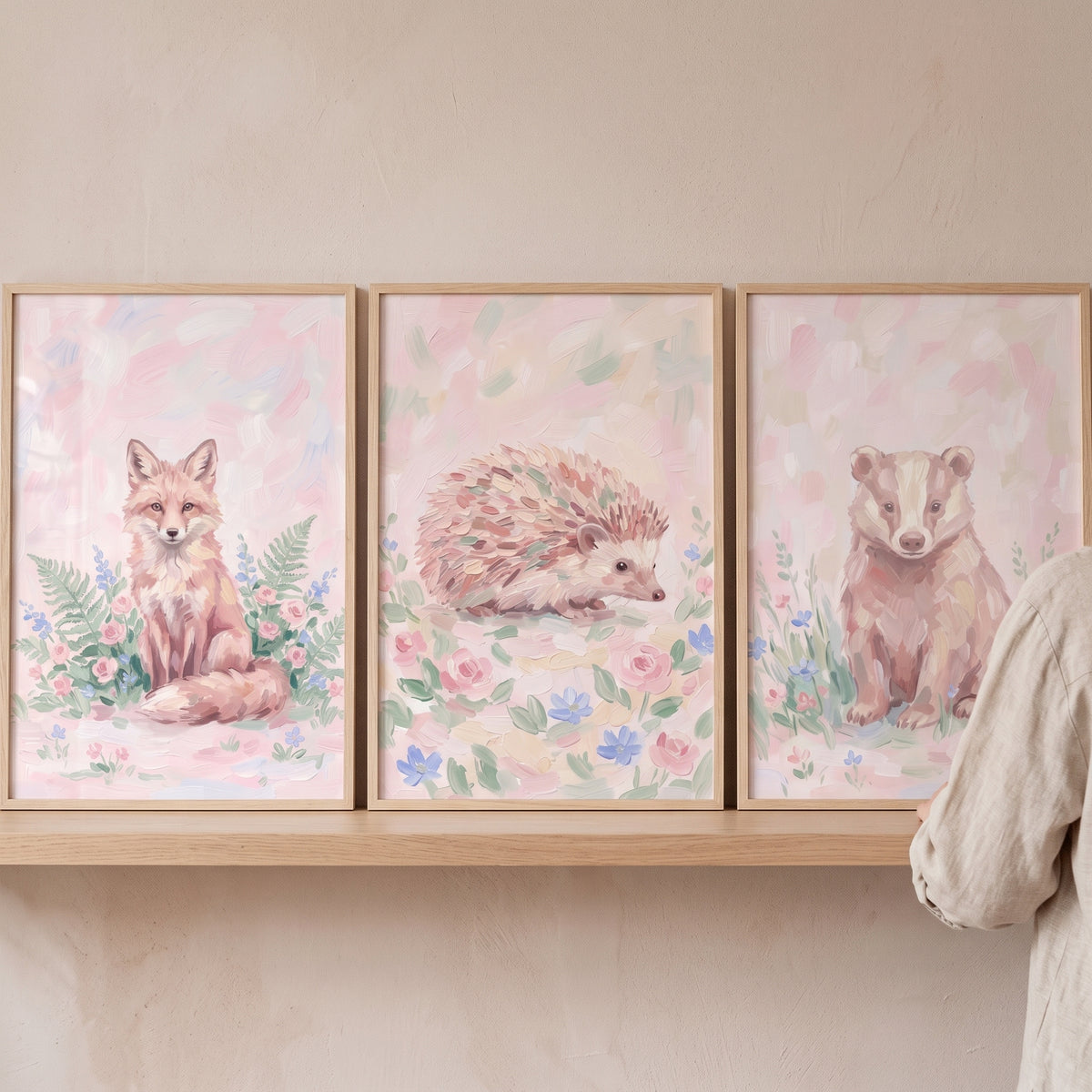 Light Brushstroke Forest Animals Wall Art Set of 3 - Pastel Forest Friends