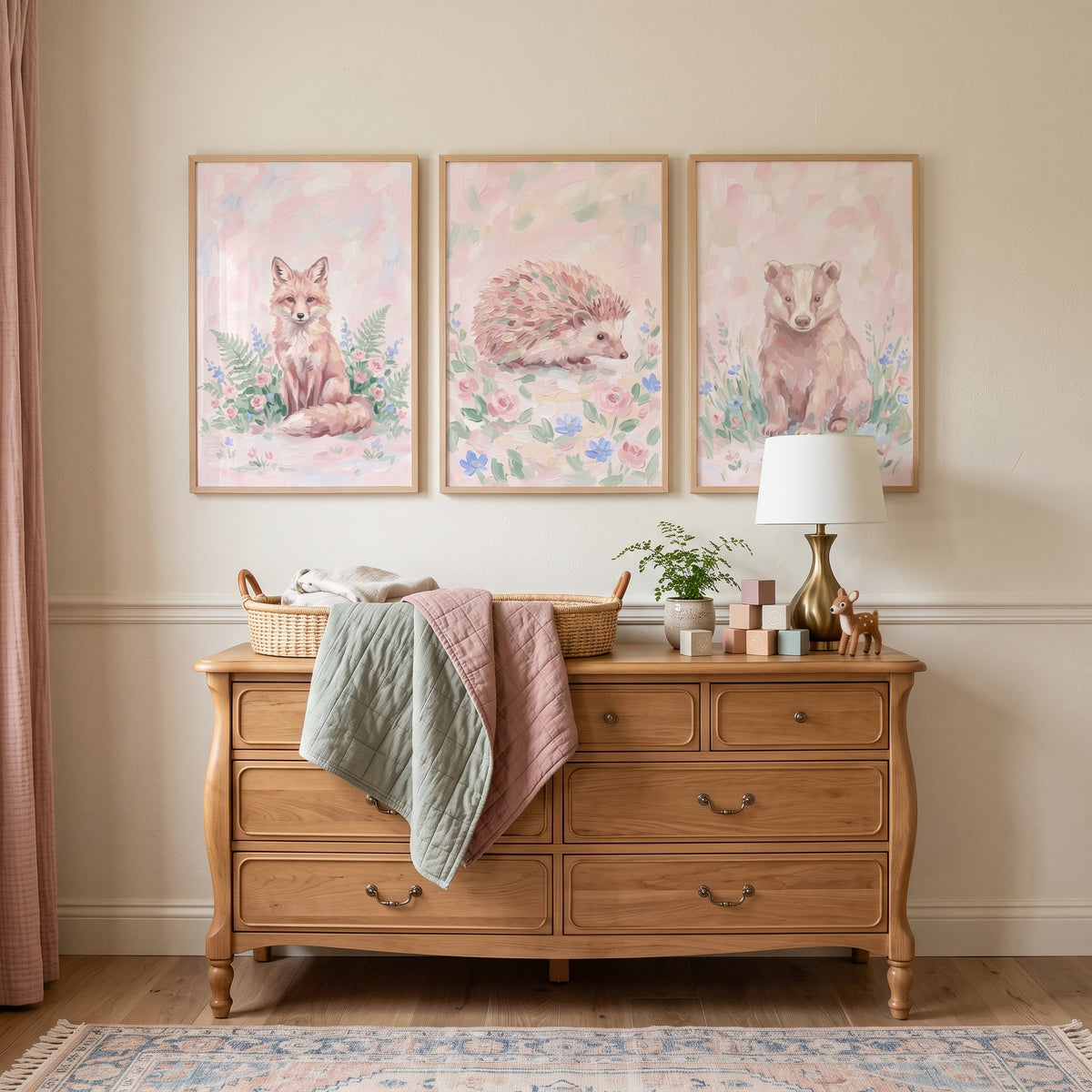 Light Brushstroke Forest Animals Wall Art Set of 3 - Pastel Forest Friends