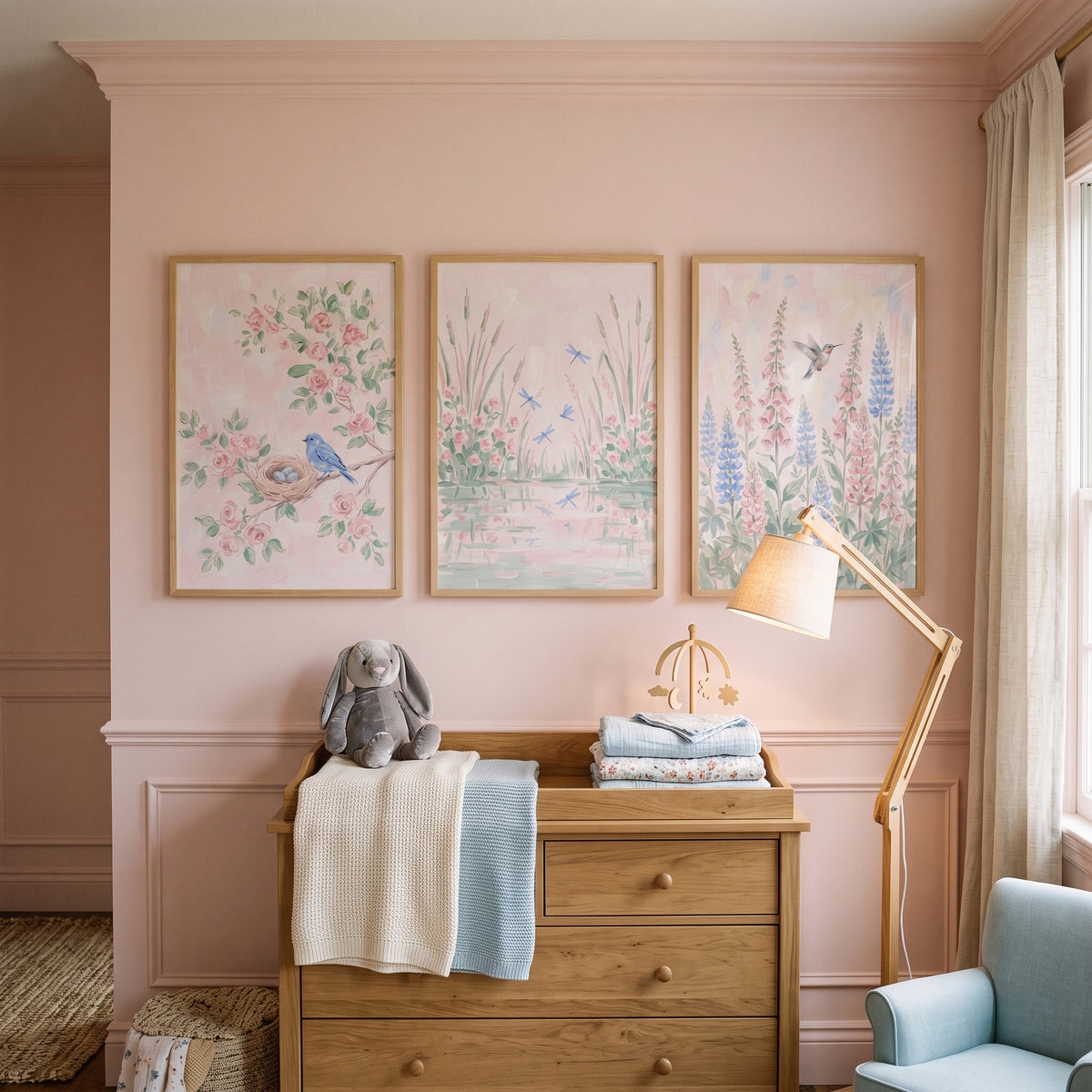 Light Pink Botanical Wall Art Set of 3 - Pastel Garden Trio
