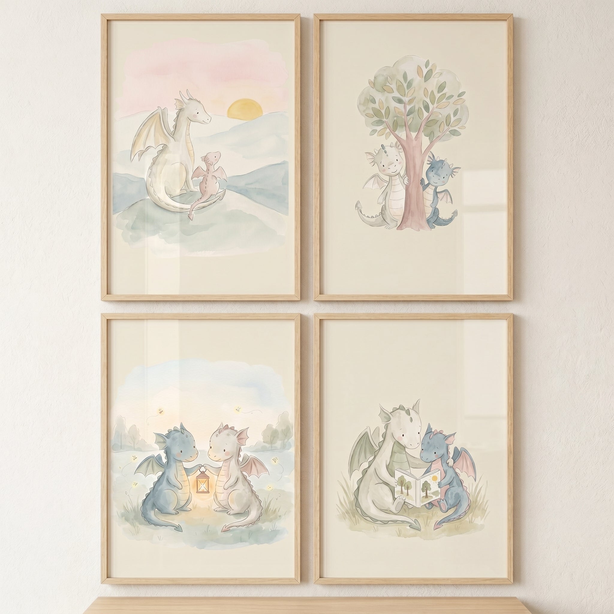 Light Wash Baby Dragons Wall Art Set of 4 - Whimsical Dragon Tales