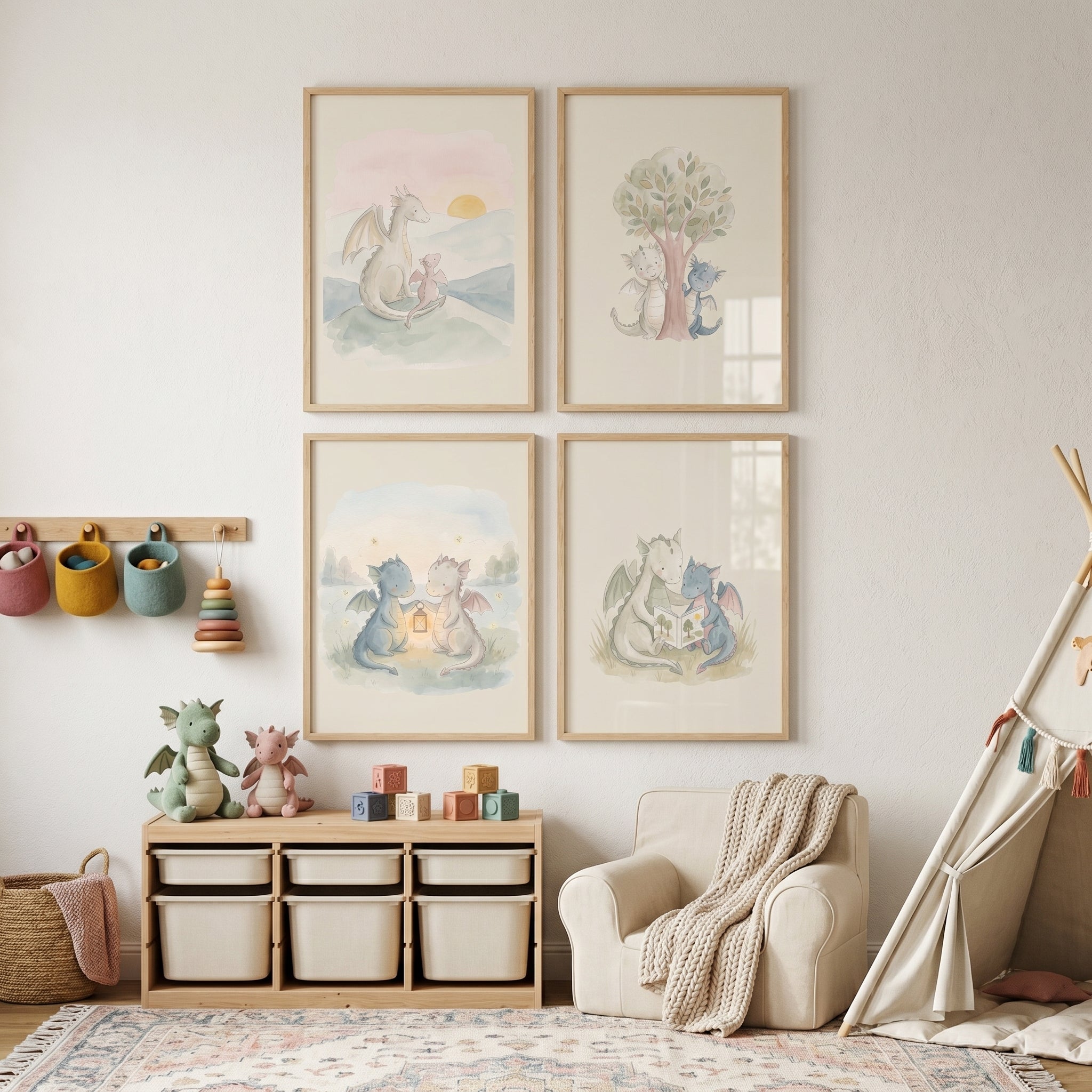 Light Wash Baby Dragons Wall Art Set of 4 - Whimsical Dragon Tales