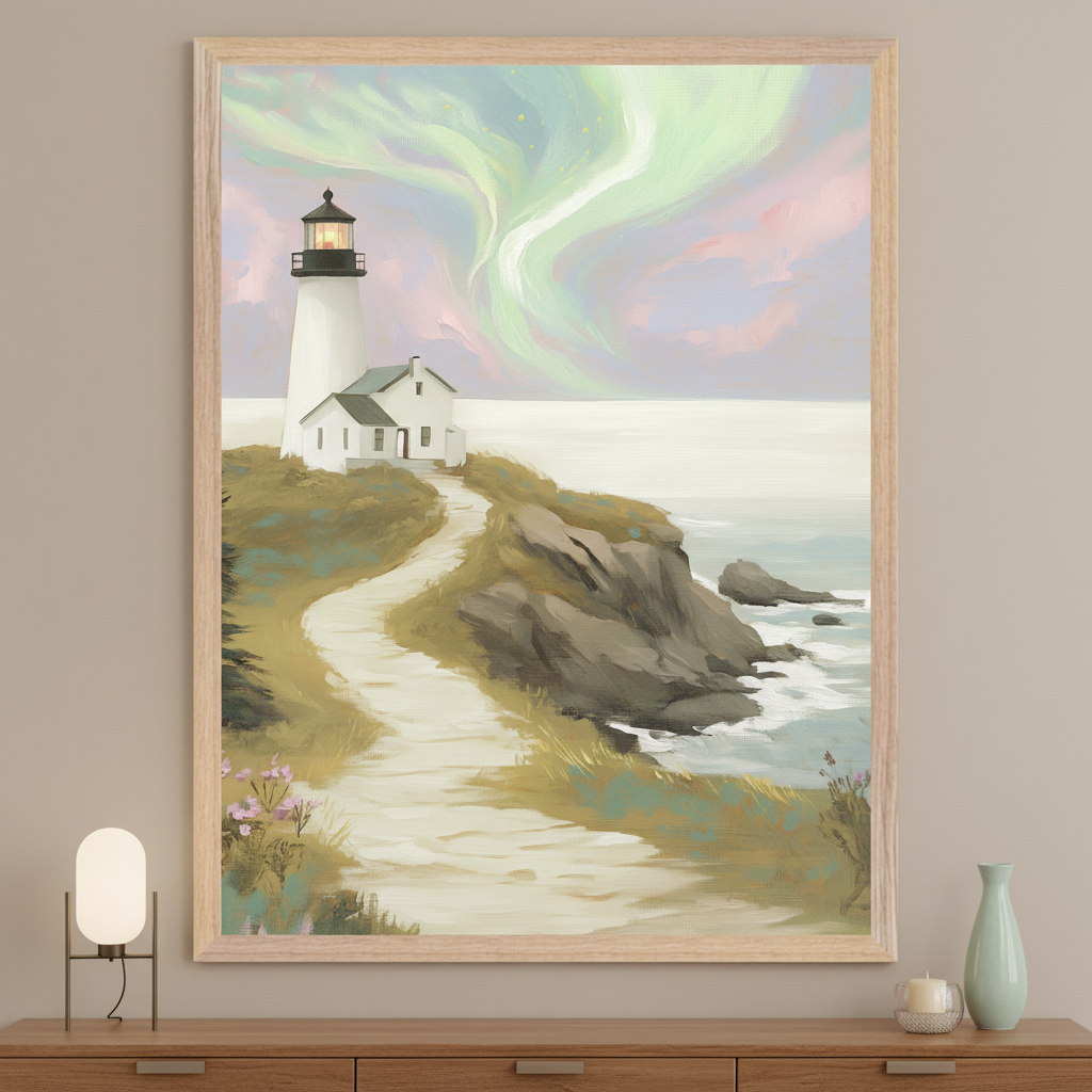 Modern room with a wooden console table. A large framed painting of a lighthouse and house on a rocky coast under a green aurora sky hangs centered above it. Painterly style.