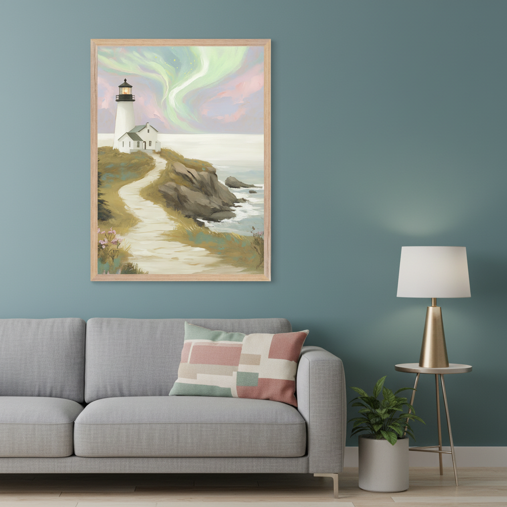 Modern living room with a gray sofa. A large framed painting of a lighthouse on a cliff under an aurora borealis sky, in a painterly style, hangs above the left side of the sofa. A side table with a lamp is to the right.