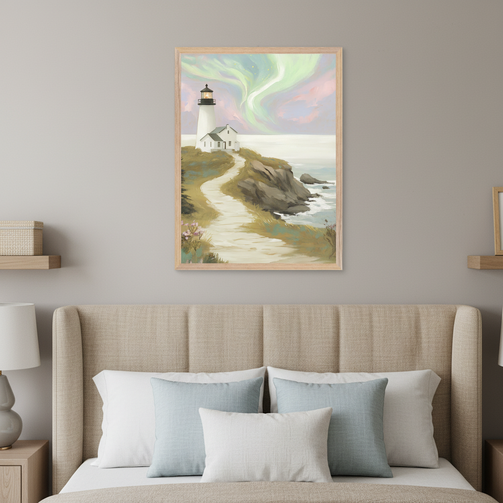 Modern bedroom with a beige upholstered bed. A framed painting of a lighthouse on a rocky coast with a path under an aurora sky hangs centered above the bed.