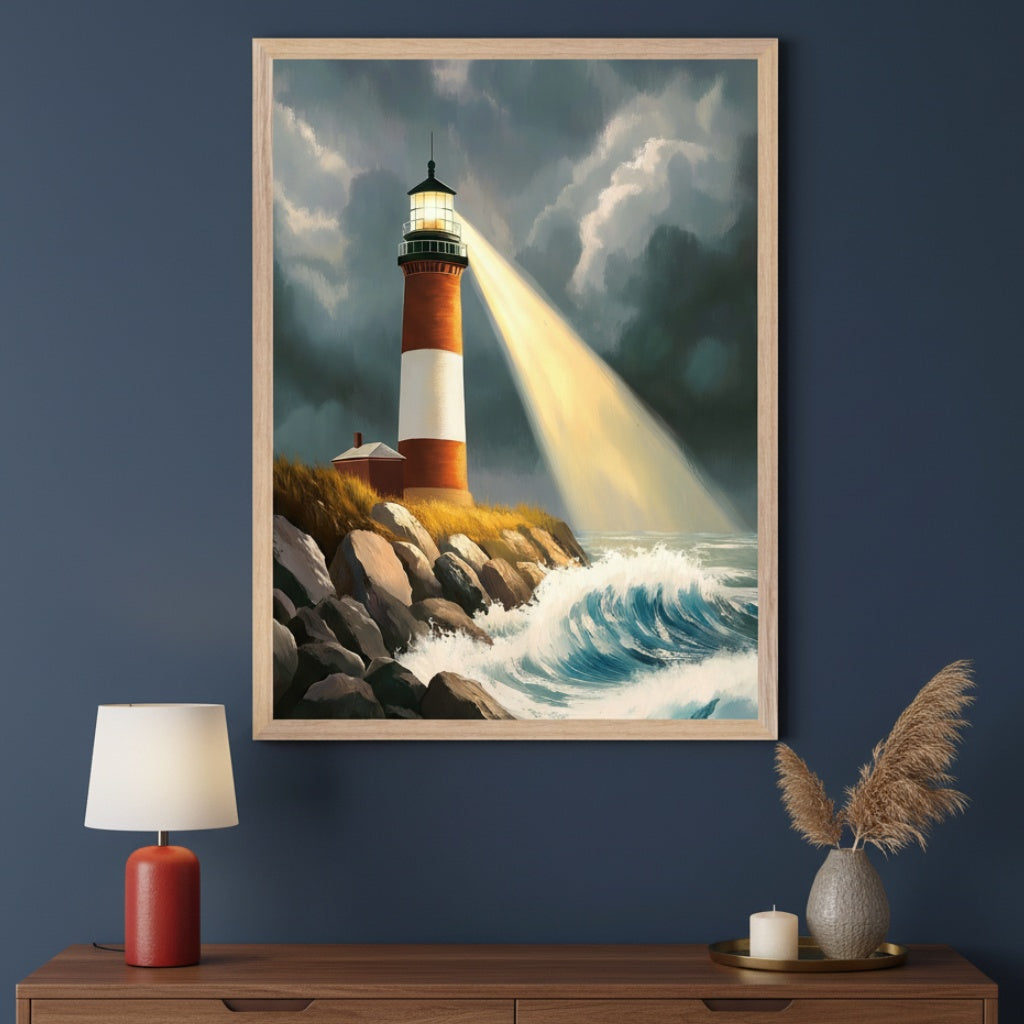 Modern room with a wooden dresser against a dark blue wall. A large framed painting of a red and white lighthouse on a rocky shore, with strong waves and a bright light beam, hangs centered above the dresser. A red lamp and a vase with pampas grass are on the dresser.