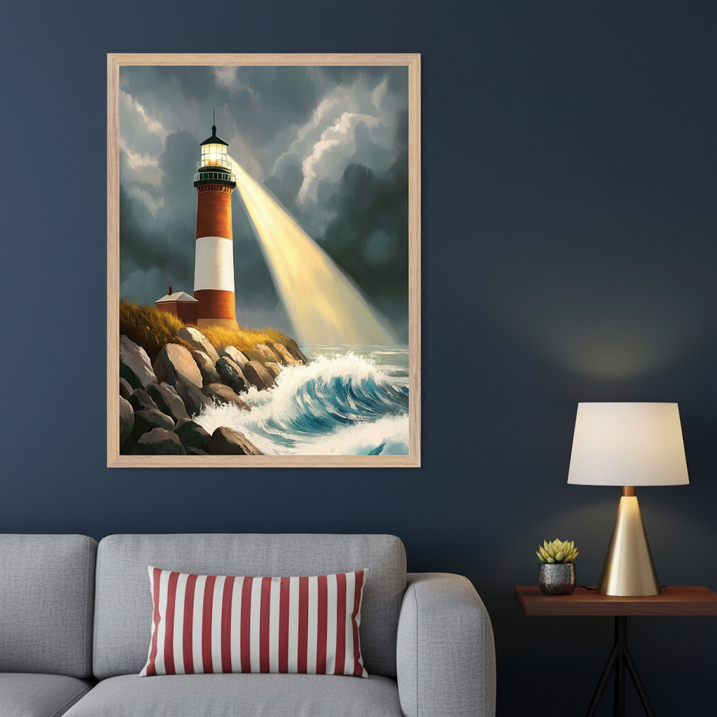 Modern living room with a gray sofa and a wooden side table. A framed painting of a red and white lighthouse on a rocky shore, with waves and a bright light beam against a stormy sky, hangs above the left side of the sofa.
