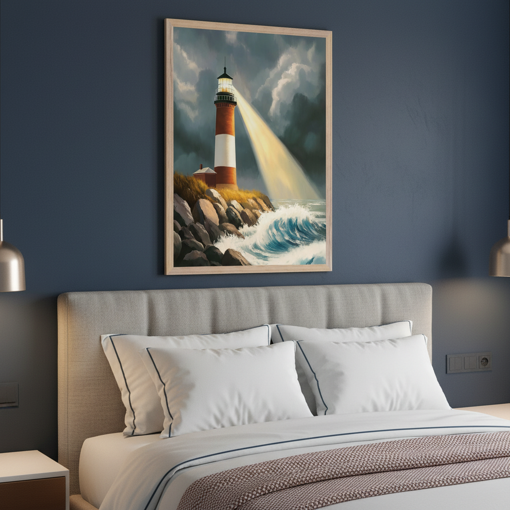 Modern bedroom with a gray upholstered bed and headboard. A large framed painting of a red and white lighthouse on a rocky coast with an ocean wave and stormy sky, casting a strong light beam, hangs centered above the bed.