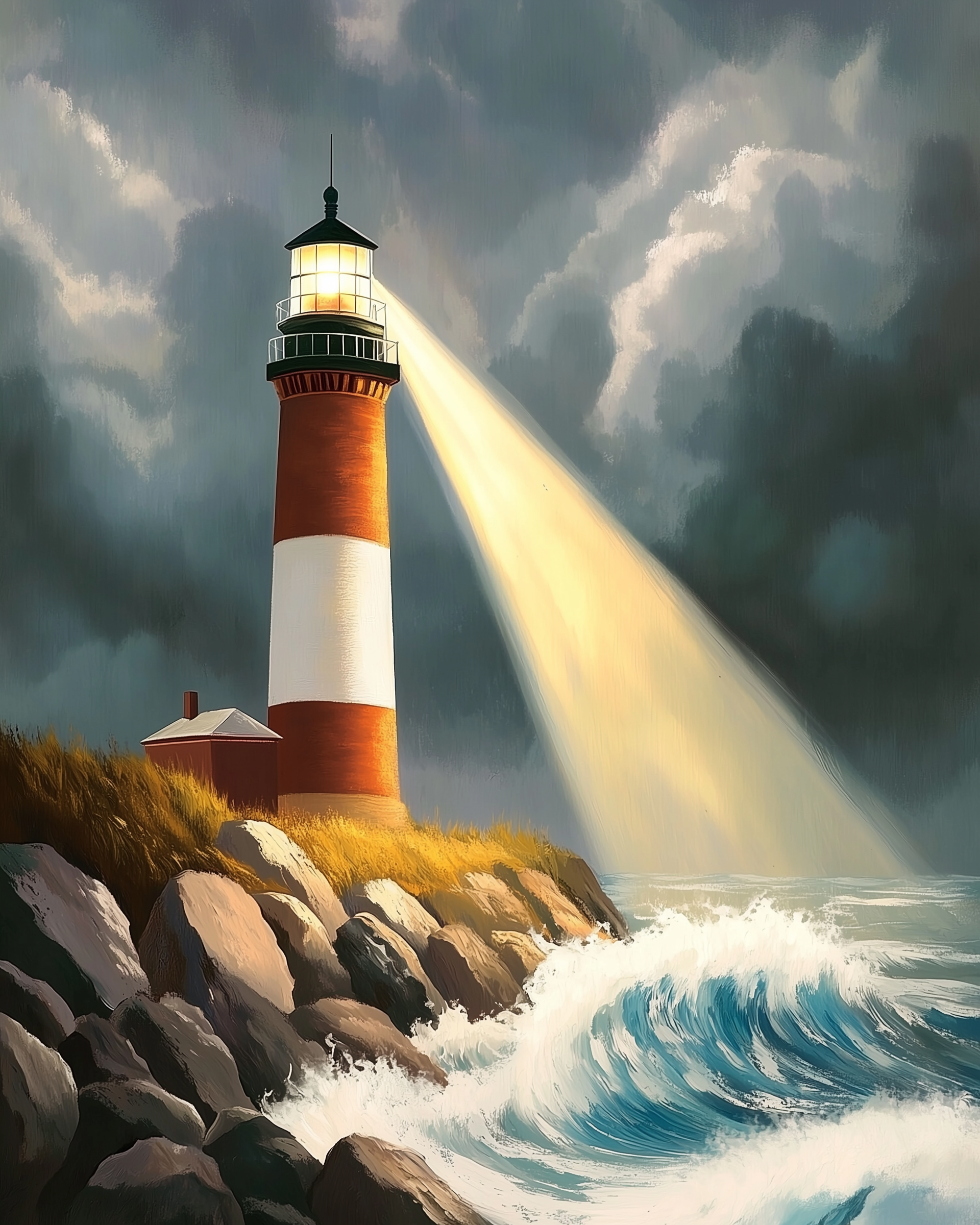 A seascape featuring a red and white lighthouse casting a powerful beam across crashing waves and dark, stormy skies. The rocky shoreline and intense lighting create a sense of urgency and guidance.
