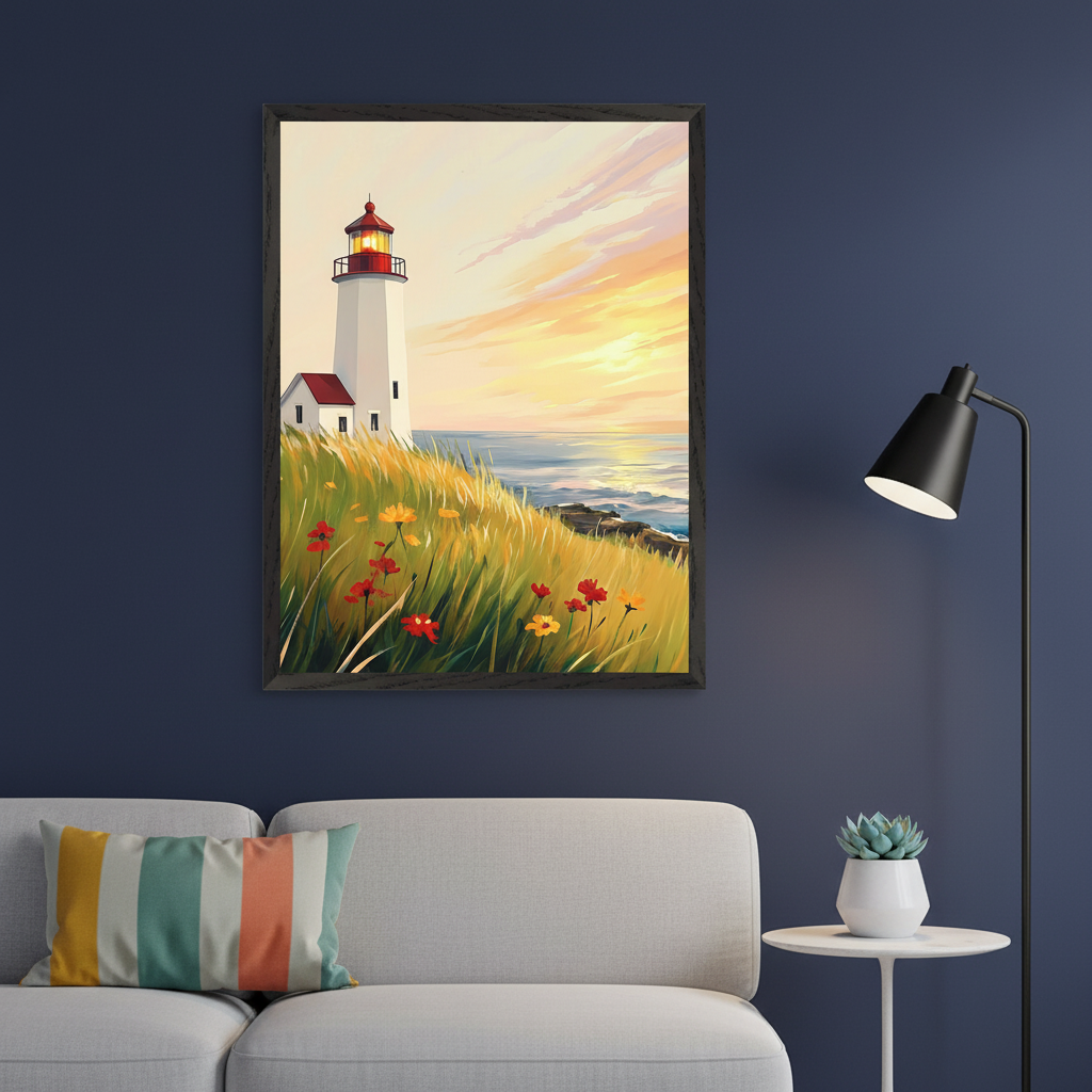 Modern living room with a light grey sofa and a black floor lamp against a dark blue wall. A framed painting of a lighthouse on a grassy cliff with flowers overlooking the ocean at sunset hangs centered above the sofa. A striped pillow is on the sofa, and a succulent is on a white side table.