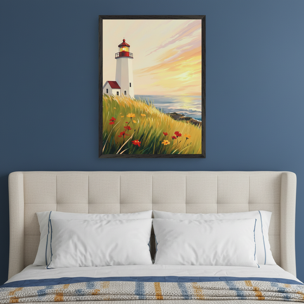 Bedroom with a beige upholstered bed headboard and white pillows. A framed painterly artwork of a lighthouse on a grassy cliff with flowers, overlooking the ocean at sunset, hangs above the bed to the right on a blue wall.
