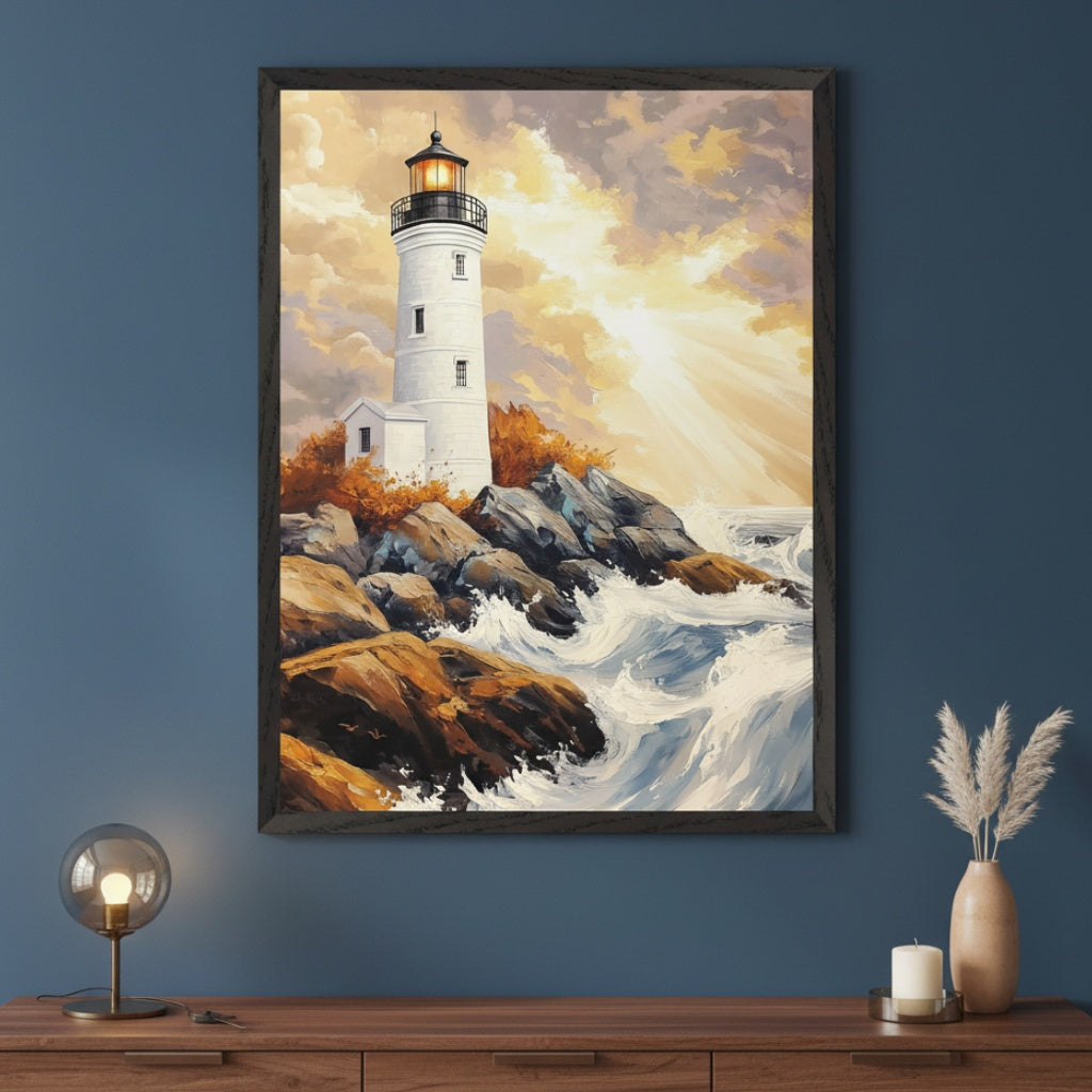 Contemporary room with a dark blue wall and a dark wood console table. A large framed painting hangs centered above the table, depicting a lighthouse on rocky cliffs with crashing waves and a golden sunset sky in a painterly style.