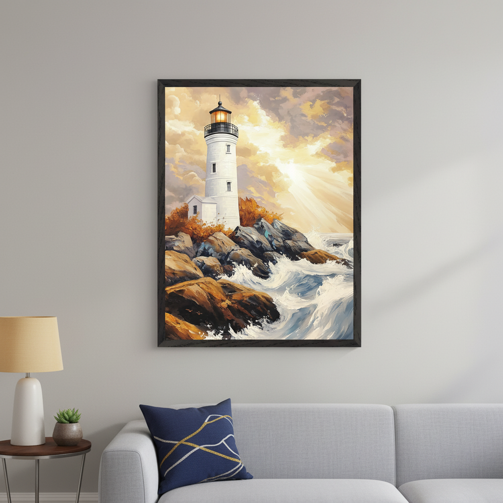 Modern living room with a gray sofa and a side table with a lamp. A large framed painting hangs above the sofa. The artwork depicts a white lighthouse on a rocky shore with crashing waves under a bright, cloudy sky in a painterly style.