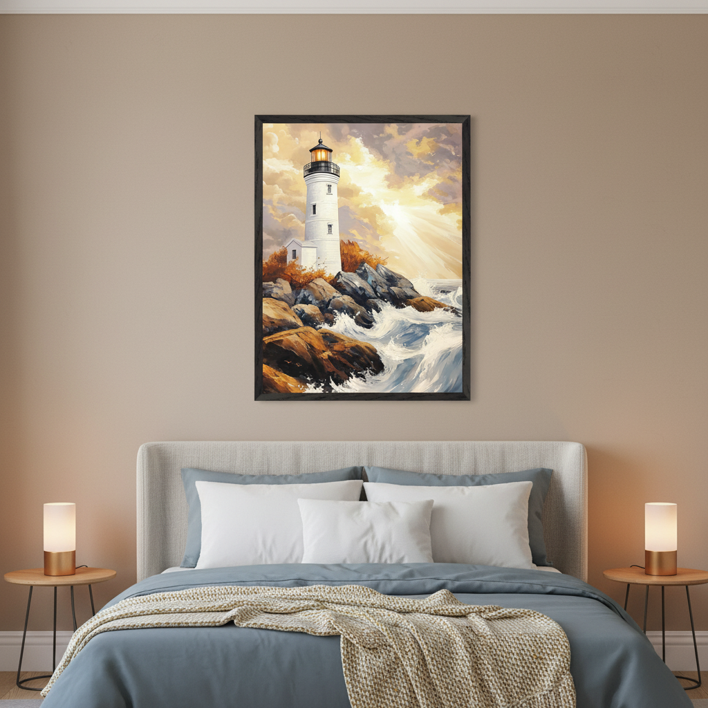 Modern bedroom with a bed, two nightstands, and two lamps. A framed painting of a lighthouse on a rocky coast with crashing waves and a dramatic orange and yellow sky hangs centered above the bed in a painterly style.