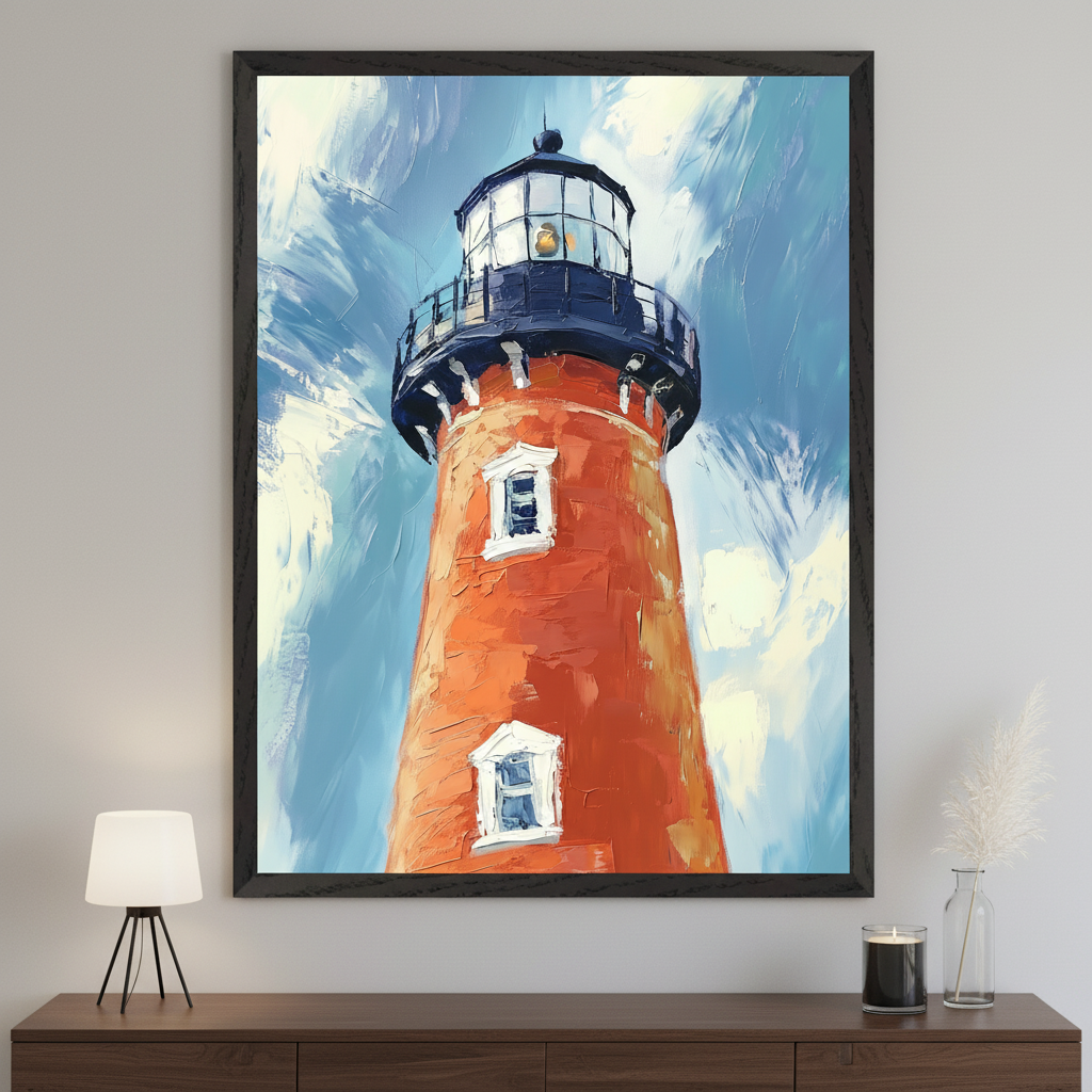 Modern room with a dark wood console table. A large framed, textured painting of an orange lighthouse under a blue sky hangs centrally above the console. A white lamp, vase with pampas grass, and a candle are on the console.