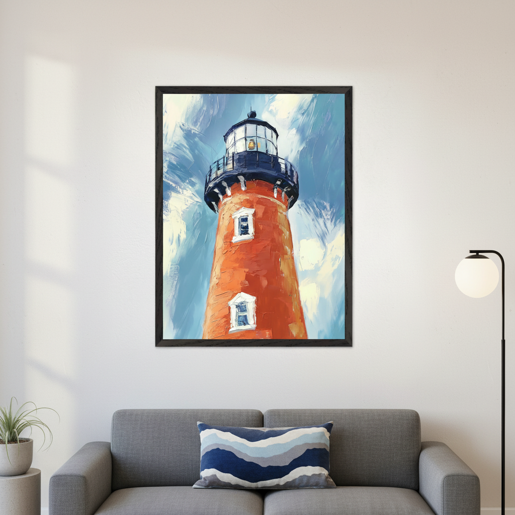 Modern living room with a gray sofa. A large framed impressionistic painting of a red lighthouse against a brushstroke blue sky hangs centered above the sofa. A black floor lamp stands on the right, and a plant on a side table is on the left.