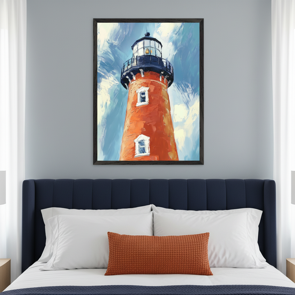 Modern bedroom with a navy blue upholstered bed. A large framed impressionistic painting of an orange lighthouse against a blue and white sky hangs centered above the headboard.
