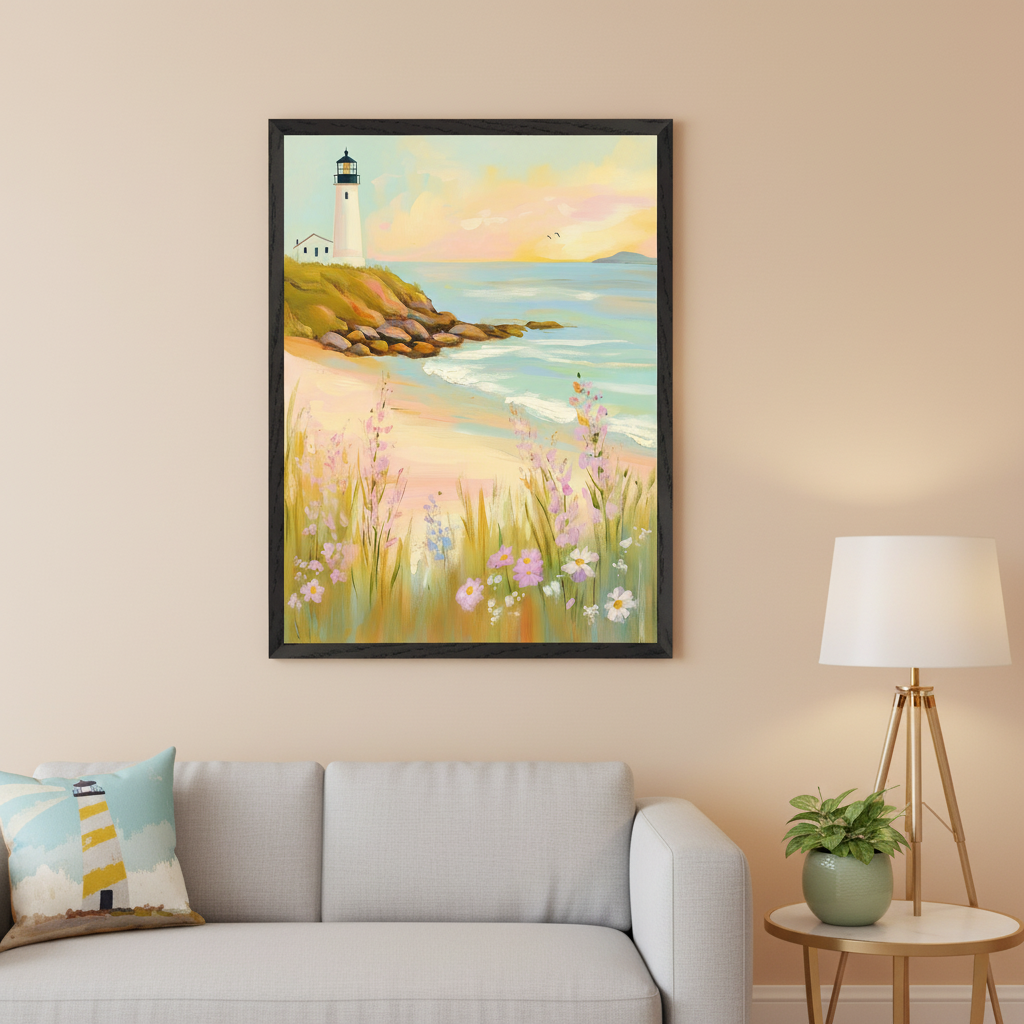 Living room with a gray sofa, a side table, and a tripod lamp. A framed painting of a lighthouse on a rocky cliff above a sandy beach with waves, colorful foreground flowers, and a sunset sky, hangs centered above the sofa. The artwork is in a painterly style.