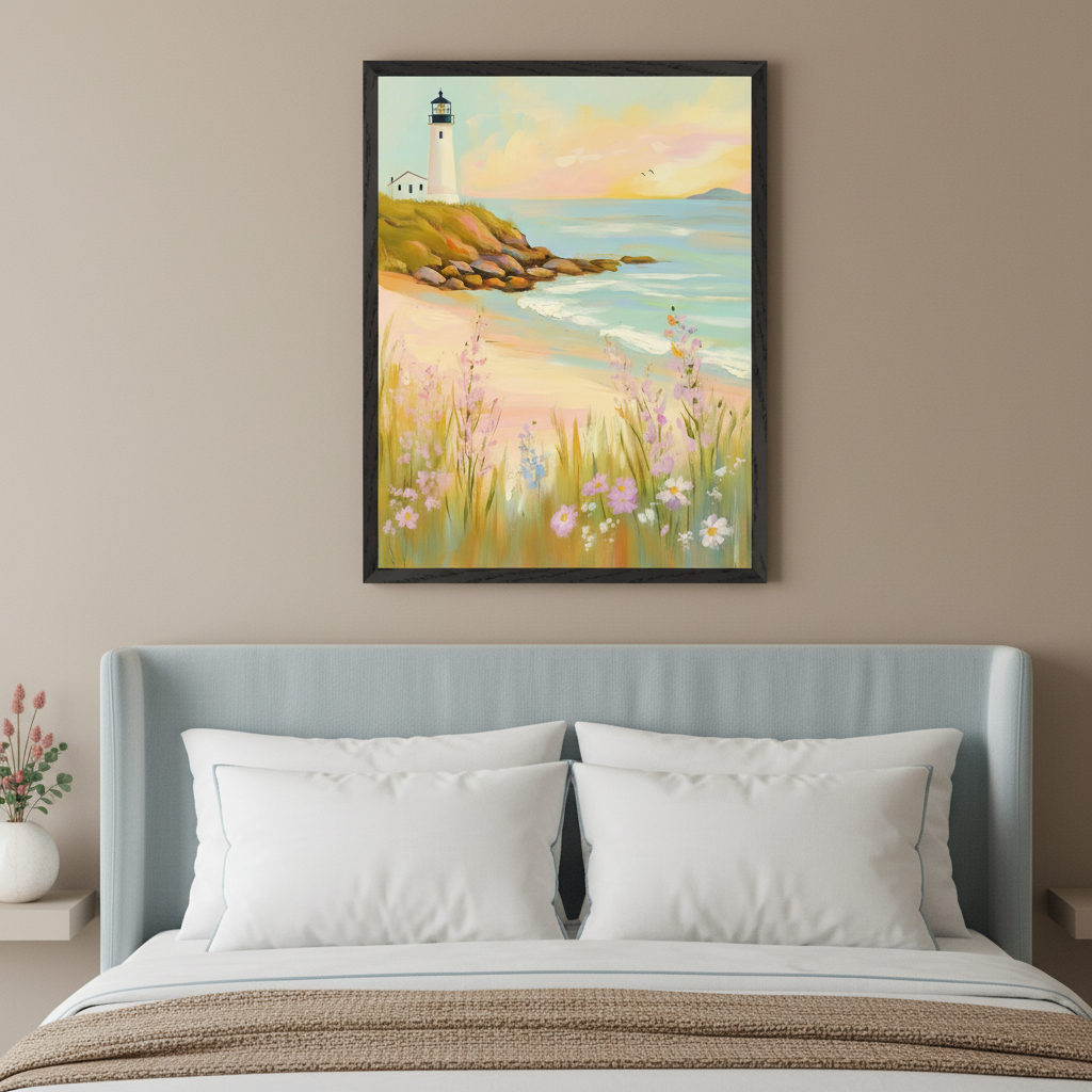Contemporary bedroom with a light blue upholstered bed. A framed painting of a coastal scene with a lighthouse on a rocky cliff, a sandy beach, ocean waves, and wildflowers in the foreground hangs centered above the bed.