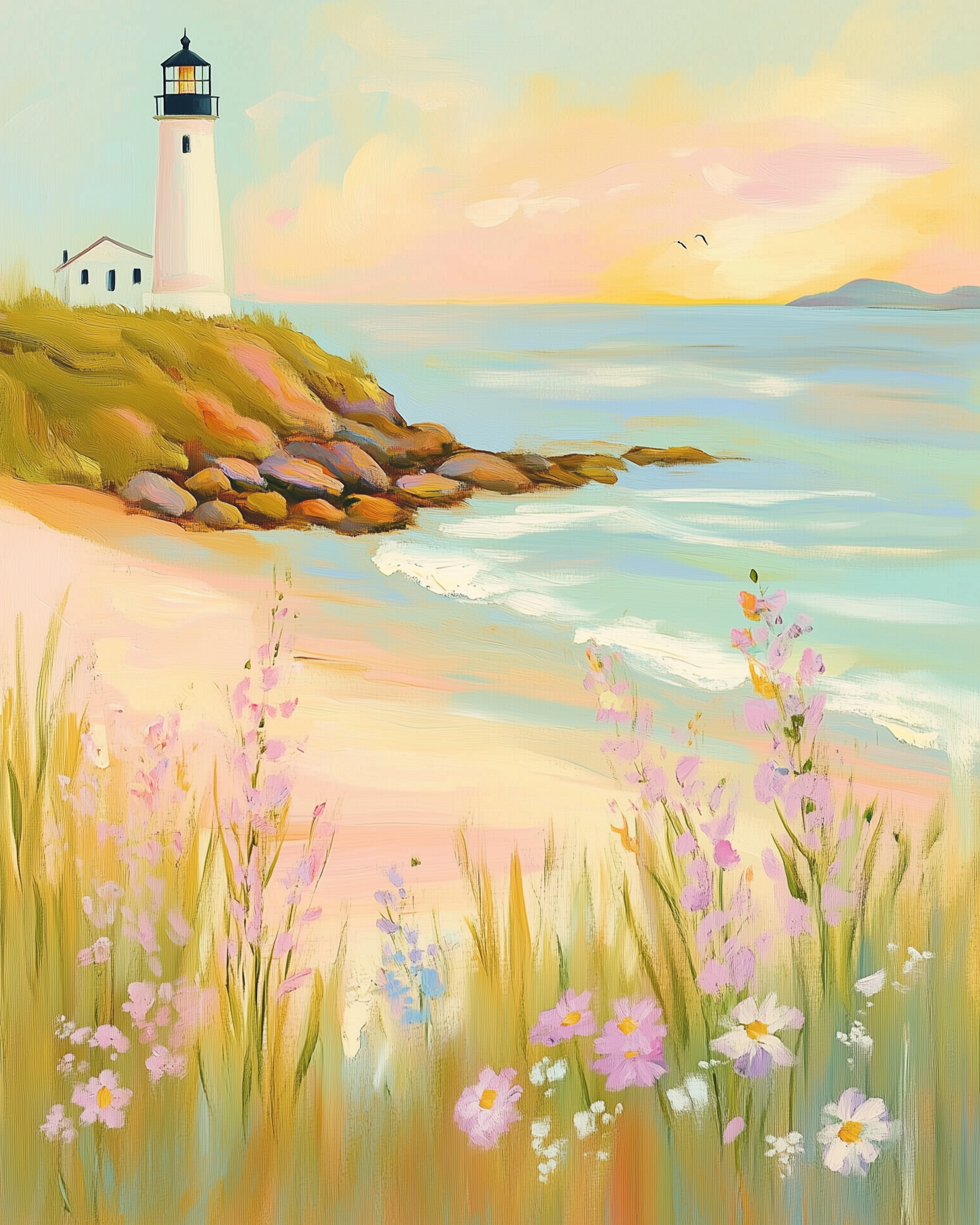 A bright coastal landscape with a white lighthouse on a rocky hill, pastel-colored sky, calm sea, and wildflowers blooming along the sandy shore.