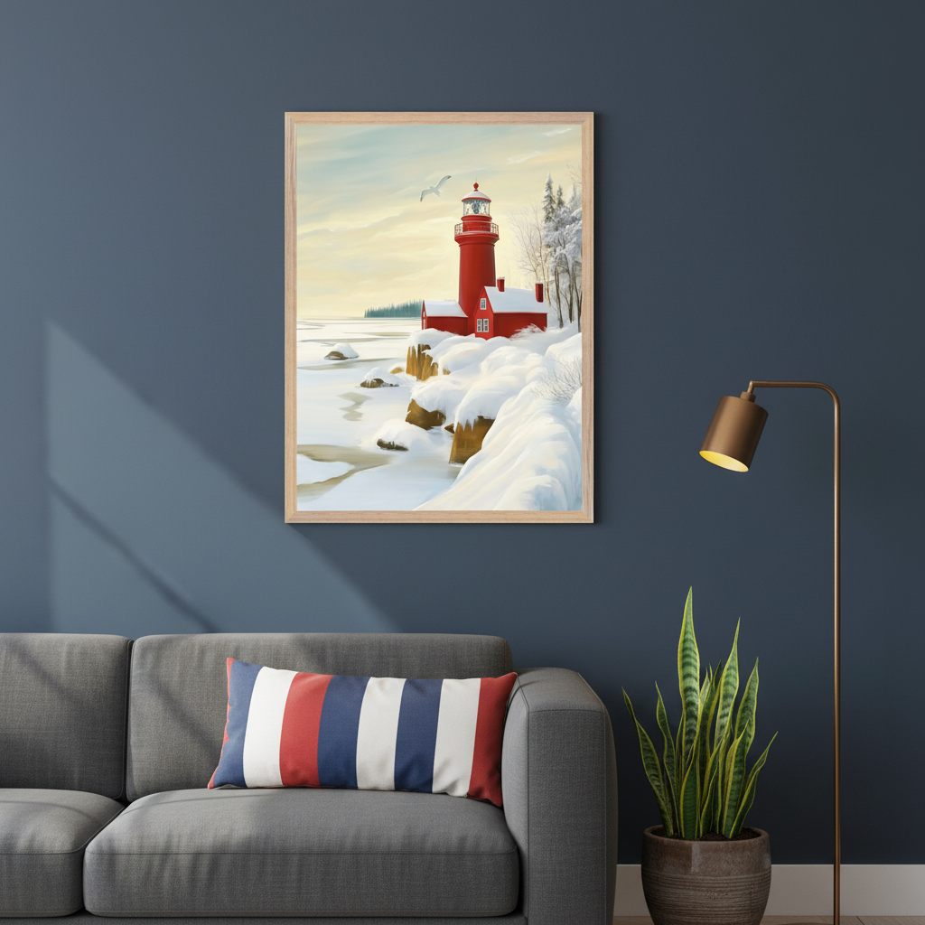 Modern living room with a gray sofa. A framed painting of a red lighthouse and house on a snowy, icy coast hangs on the dark blue wall above the sofa. A bronze floor lamp and potted snake plant are to the right.